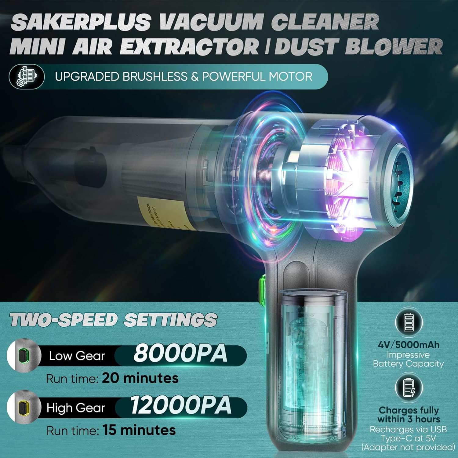Sakerplus Car Vacuum Cleaner-Wireless Handheld Car Vacuums with Best Suction,Brushless Motor 12000PA Maximum Power,3 in 1 Mini Portable Vacuum Cleaner Cordless for Home,Office,Kitchen,Cars image number 3