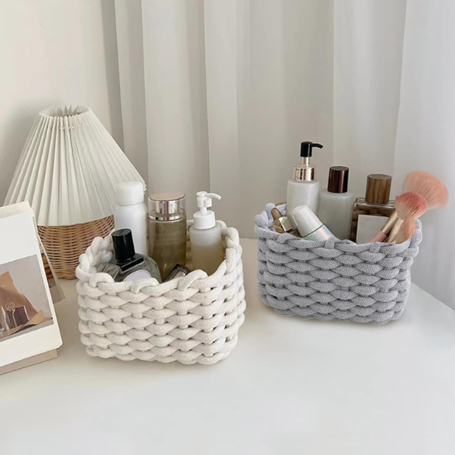 Small Natural Cotton Rope Woven Baskets for Organization,Ideal as Cat and Dog Toy Baskets, Bathroom Makeup, Toy, Sock Storage Bins(Off White,2) image number 3