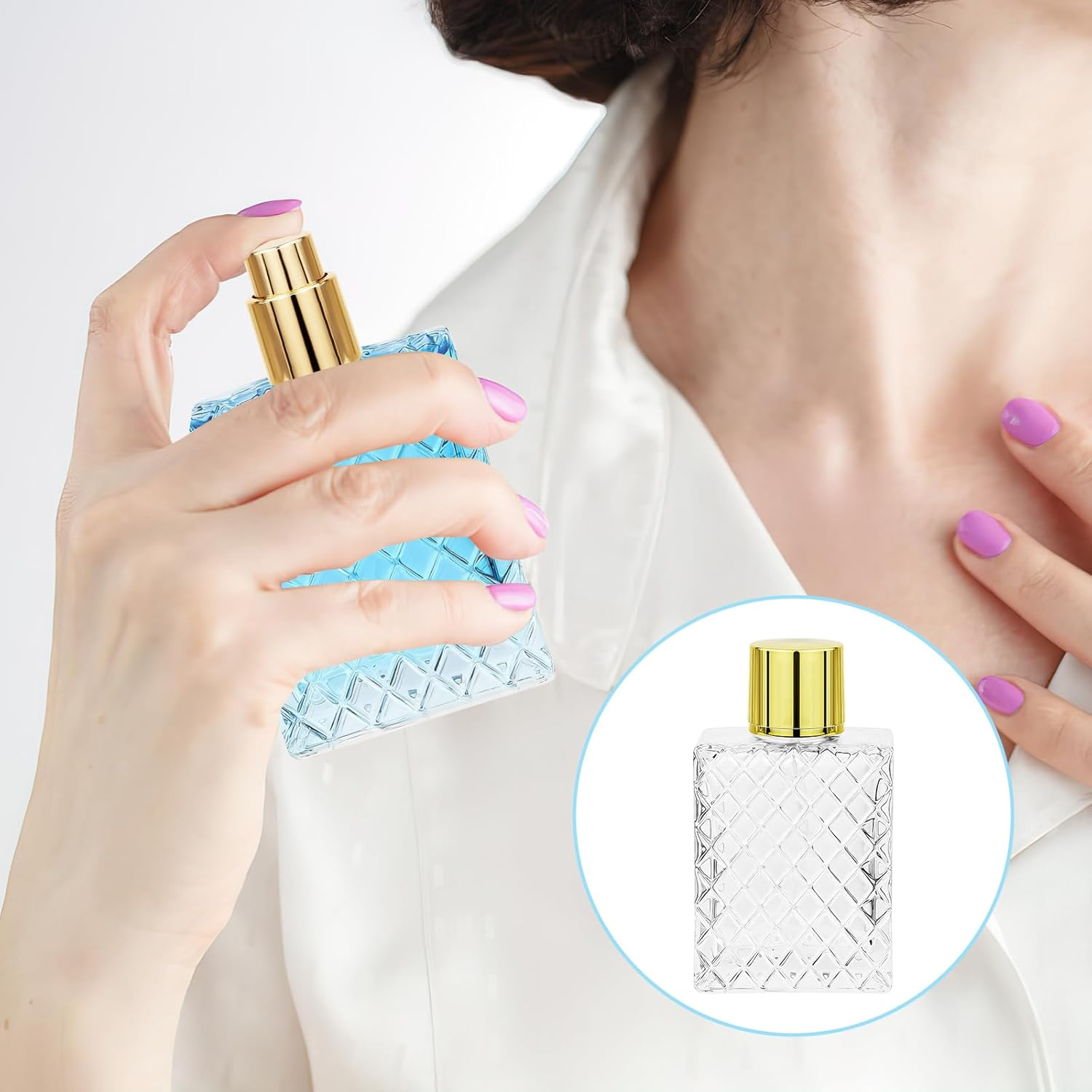 Malloom 10 Pack Refillable Glass Perfume Bottles, 100Ml/3.4 Oz Empty Perfume Bottles Clear Glass Fine Mist Atomizer Spray Bottle with 10 Funnel for Essential Oils Travel and DIY Fragrance image number 1