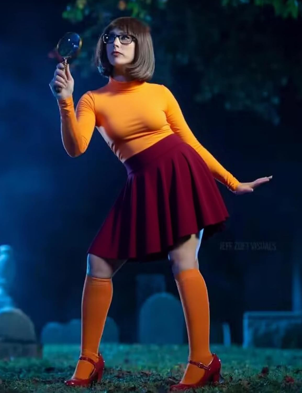Velma Costume for Women Orange Halloween Costumes with Mini Skirt, Knee Socks image number 1