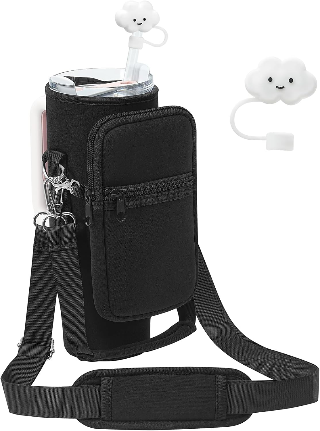 PRAGATISM Water Bottle Carrier Bag with Pouch for Stanley 30 Oz Tumbler with Handle, Neoprene Water Bottle Holder Pocket with Adjustable 4.9FT Strap, Bottle Pouch for Stanley Cup Accessories