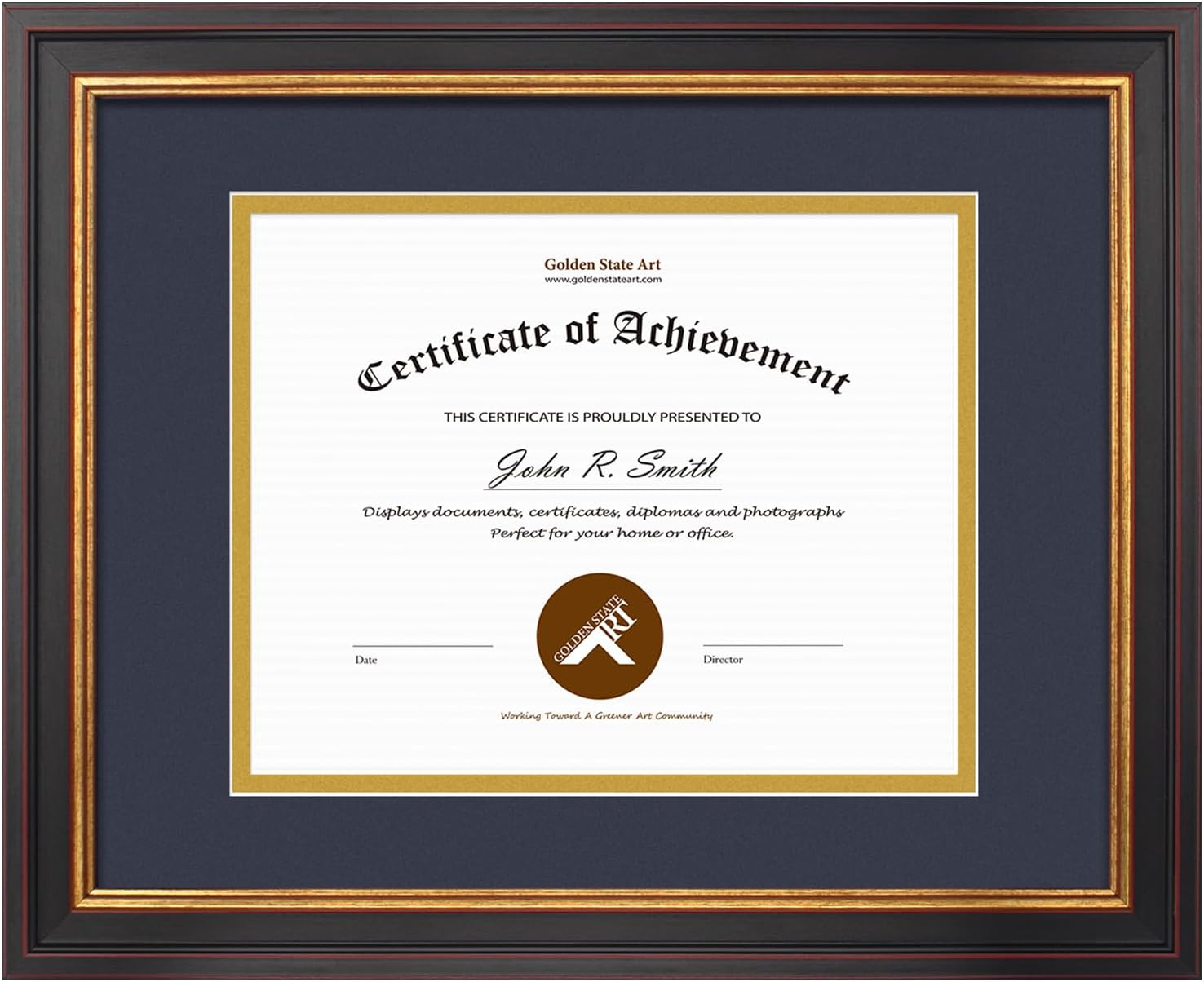 Golden State Art, 11X14 Black Gold & Burgundy Color Document Frame for 8X10 Diploma/Certificate/Picture, Includes Double Mat and Real Glass (Black over Gold Double Mat, 1-Pack)