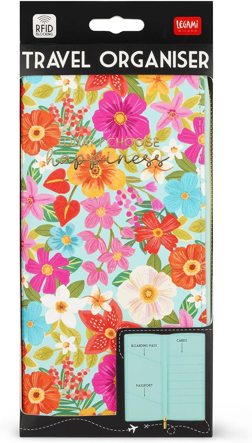 Legami - Travel Document Bag with Flowers, Passport Organiser, RFID Blocking, 4 Large Pockets, 7 Small Pockets, Zipper, 11 X 24 X 3 Cm, Floral Pattern, Turquoise, L, Casual, Turquoise, L, Casual image number 5