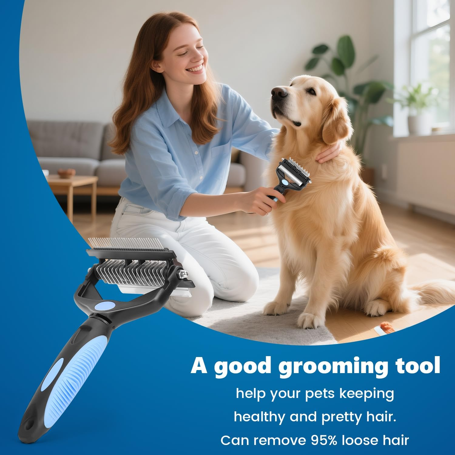 Yizhet Dog Brush & Cat Brush 3 in 1, Double-Sided Undercoat Brush with Blades 17+9, Undercoat Brush for Detangling & Tangling Dogs Cats with Long Hair, Thick Fur, Undercoat, Blue - Green image number 7