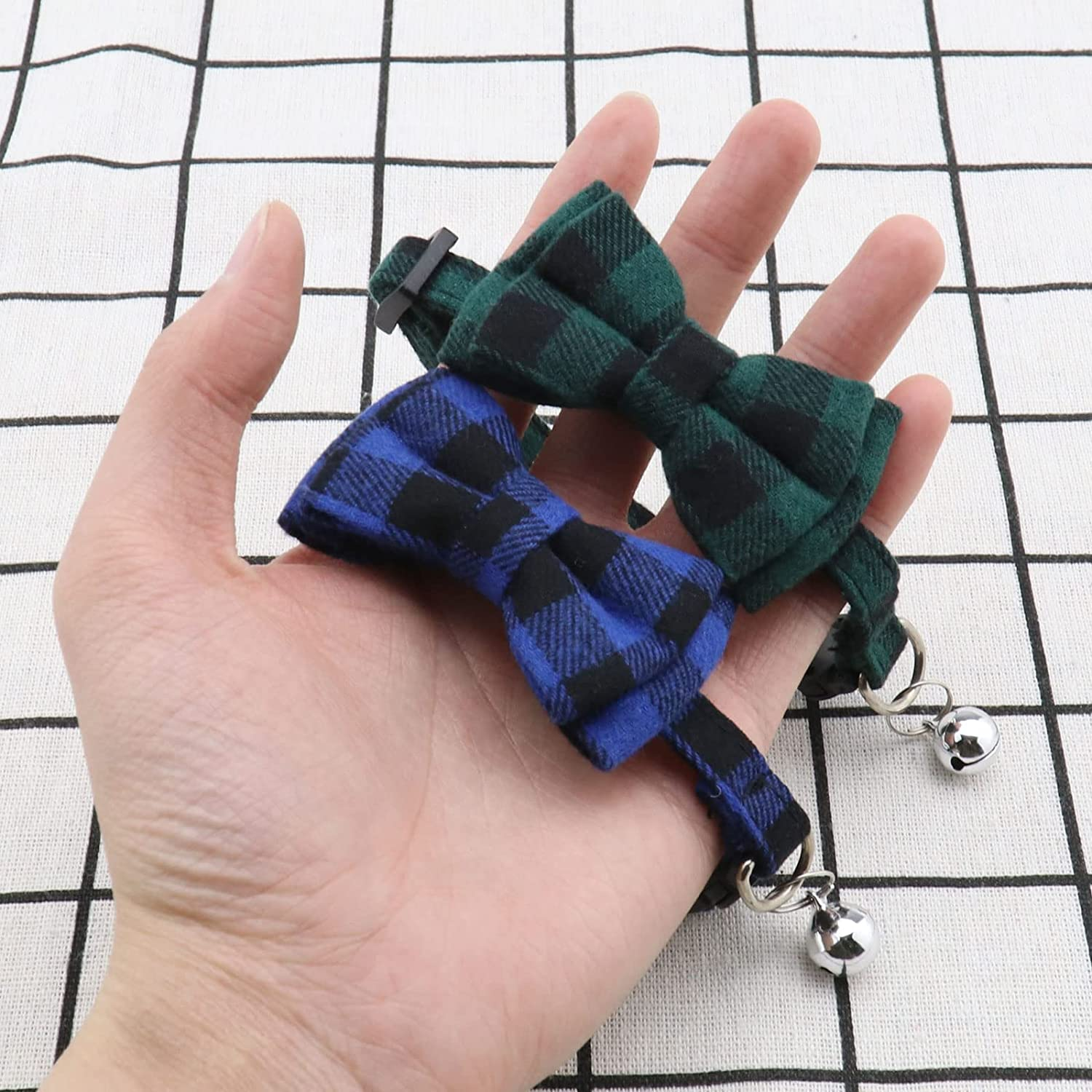SING F LTD 2PCS Dog Collars with Bell and Bow Tie Cute Plaid Collars with Soft Comfortable Bowknot and Adjustable Buckle for Dogs Cats Pets Blue Green M Size image number 6