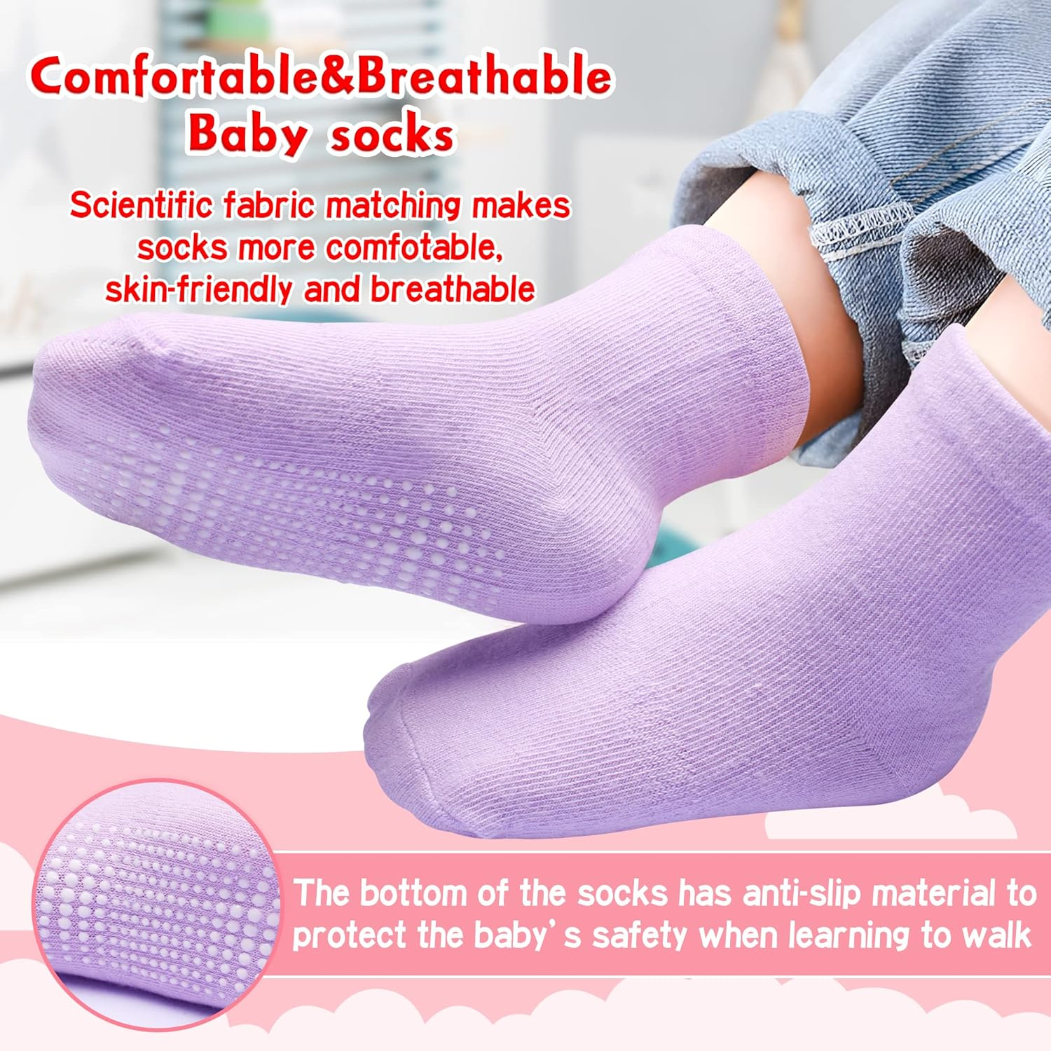 Hyzgb 12 Pack Non Slip Kids Toddler Baby Socks with Grips for 1-7 Years Boys Girls Cotton Crew Socks Multi Colors image number 4