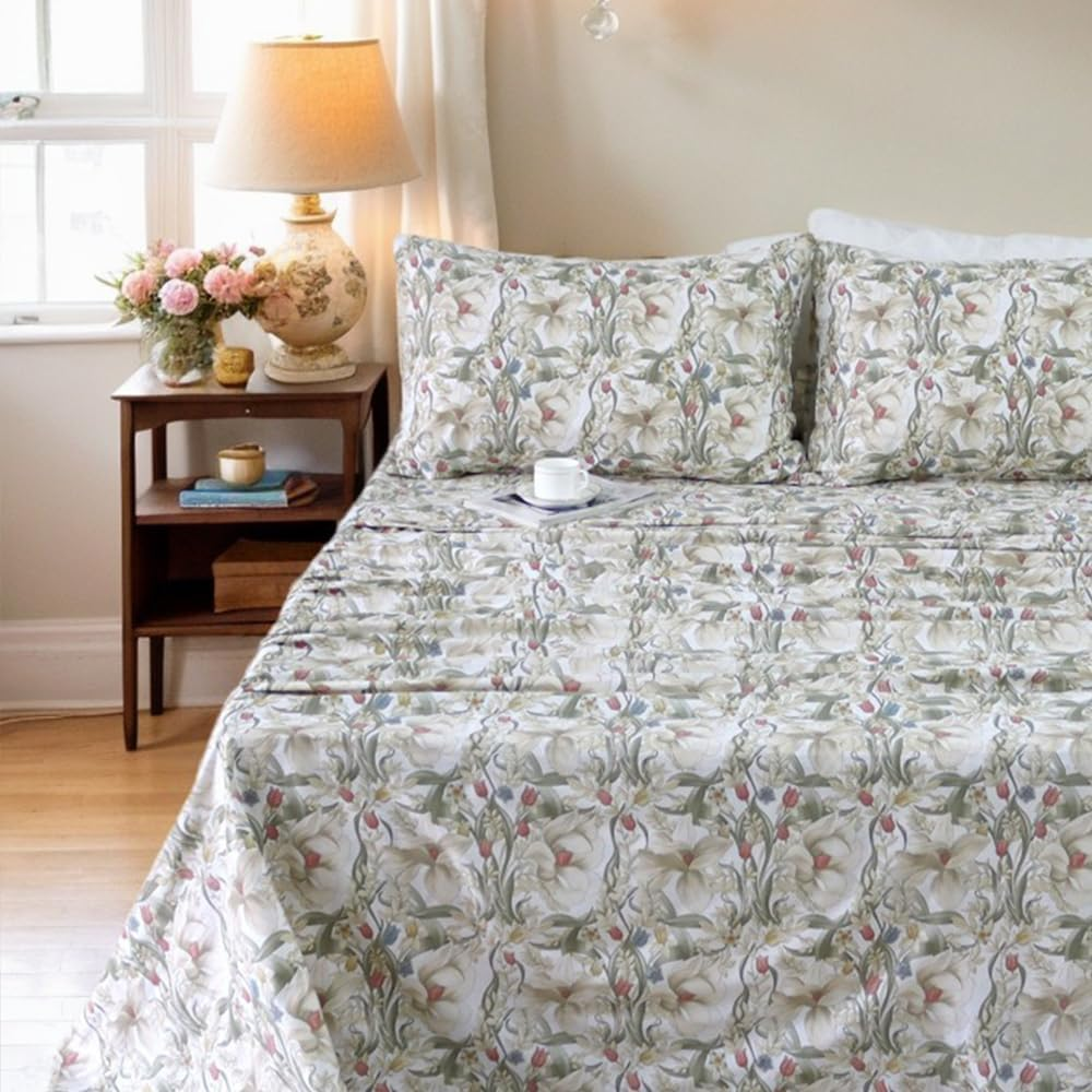 Helthep Floral Sheet Set Twin, 100% Cotton White Floral Printed Sheets Botanical Lily Pattern Sheets Red Chic Flower Green Leaves Luxury Percale Sheet with 17.5" Deep Pocket, Vintage French Bedding