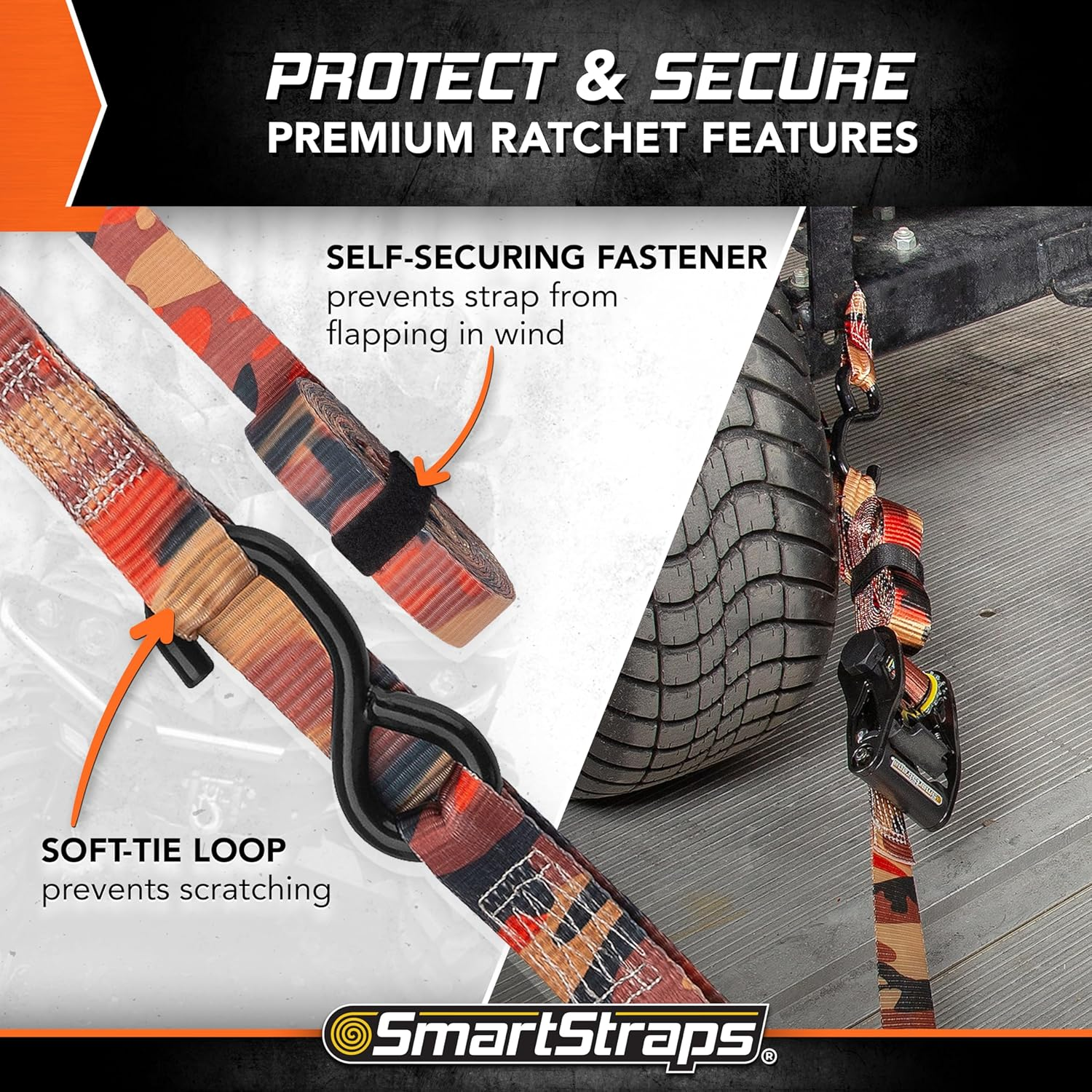 SMARTSTRAPS 14&rsquo; Camox Ratchet Straps, 4 Pack &ndash; 3,000Lbs Break Strength, 1,000Lbs Safe Work Load &ndash; Premium Duty Tie Downs for Heavier Loads, Orange Camo Webbing image number 3