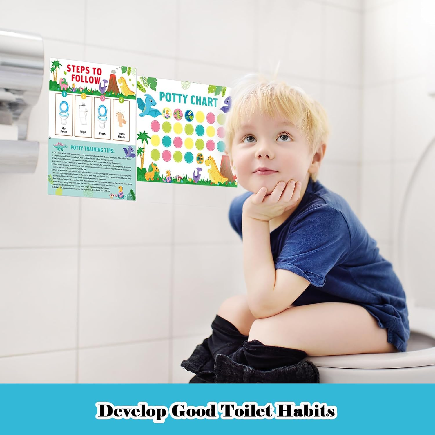 Toilet Training Reward Chart with Stickers, 10 Pcs Reward Chart for Kids for Potty Training, Cartoon Potty Training Products for Toddlers Boys & Girls, Stickers on Wall or Bathroom (Dinosaur) image number 1