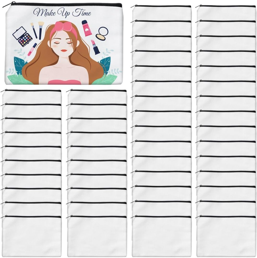 AMDAILY Sublimation Blank Canvas Makeup Bags, Bulk Blank DIY Heat Transfer Cosmetic Makeup Bags W/Black Zipper, White, 7.87 X 5.7 Inch 50 image number 1