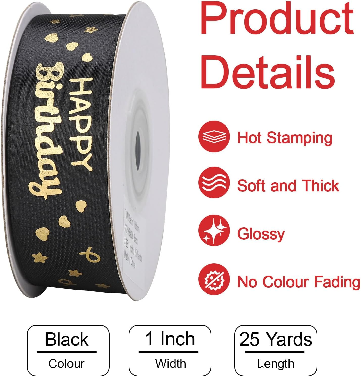 IHKFILAN Satin Ribbon for Gift Wrapping, 1 Inch 25 Yards Happy Birthday Ribbon, Polyester Ribbon with Gold Letters for Invitations Bouquets Birthday Parties Weddings DIY Bows (Black, Happy Birthday) image number 1