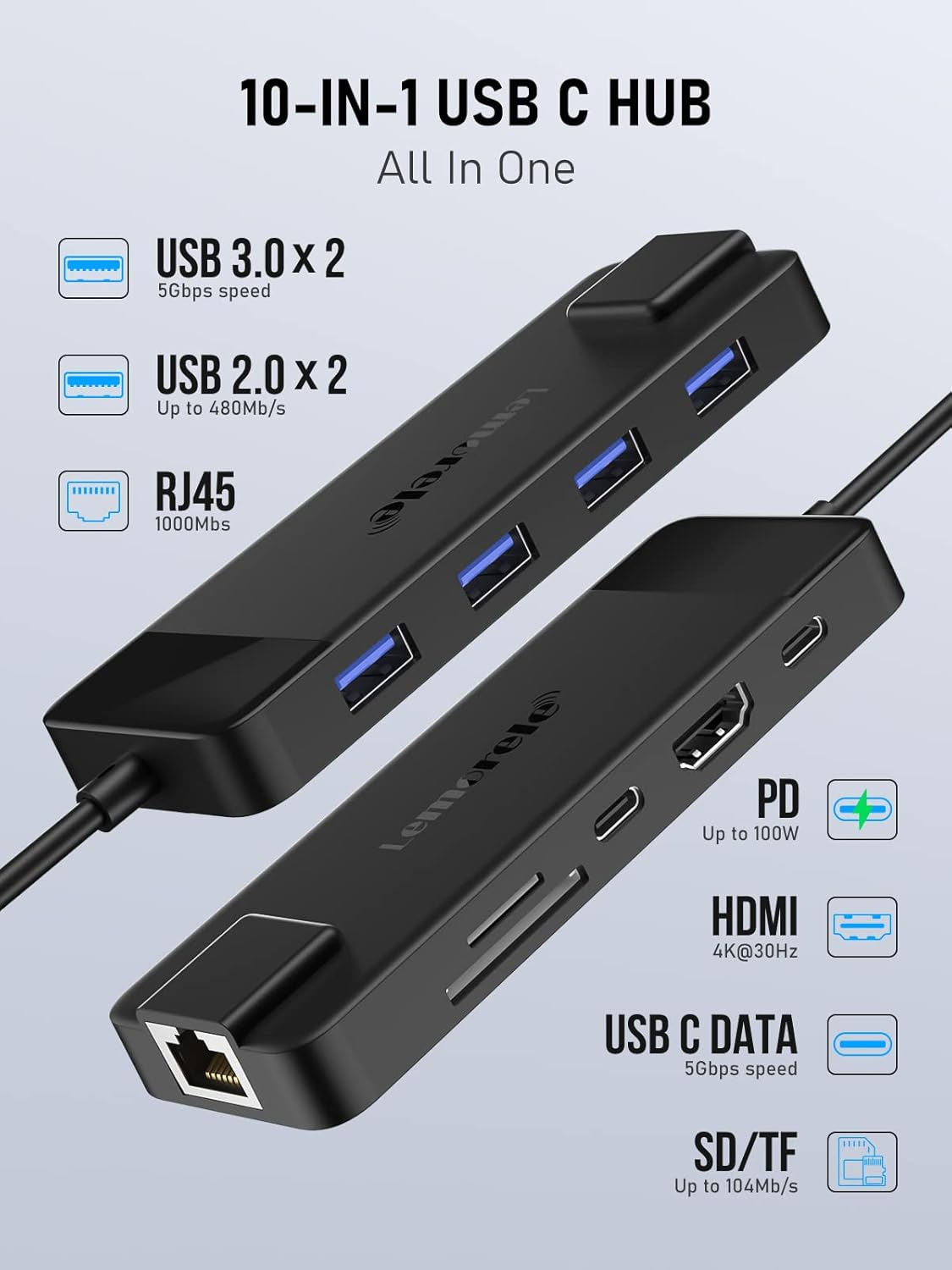 Lemorele USB C Hub Multiport Adapter 10-In-1 USB C Dongle for Macbook Pro Air, Gigabit Ethernet with 4K HDMI, 100W PD, USB 3.0 5Gbps Port, SD/TF Card Reader Adapter, Compatible for Windows/Mac/Ipad&hellip;