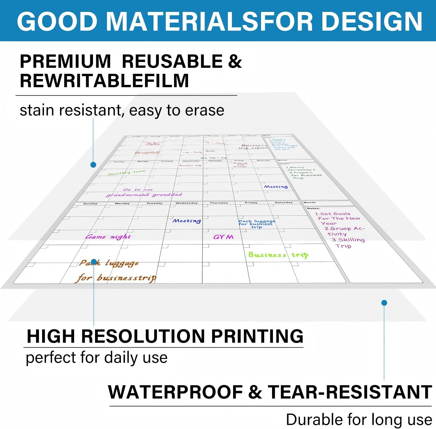 Large Dry Erase Calendar - Undated 3 Monthly Wall Calendar Laminated, 48" X 32", Blank Reusable Calendar Planner with Large Daily Boxes, Notes, Stickers, Great for Home, Office, Classroom, Grey