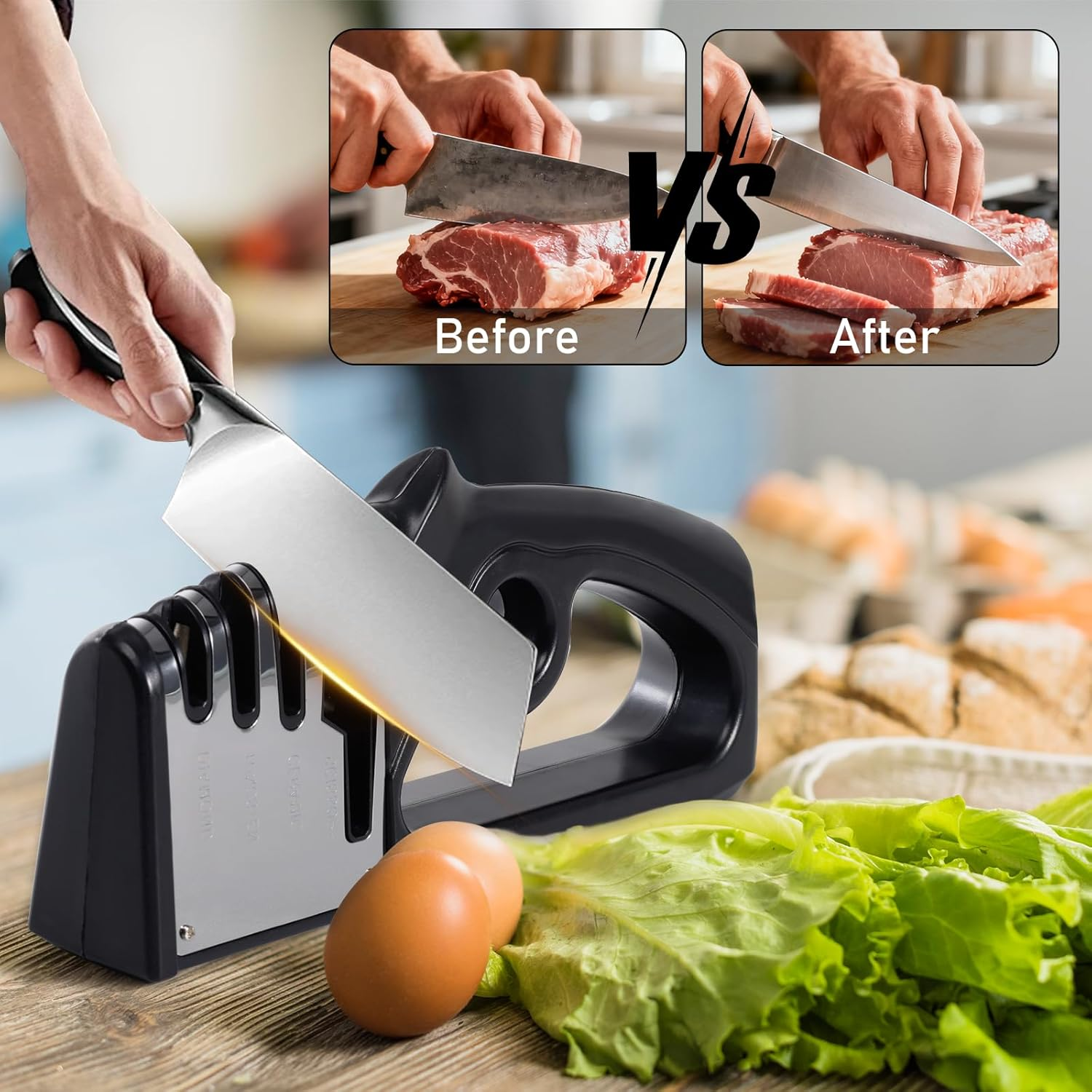 Kitchen Knife Sharpener Knife Sharpener for Kitchen Knives and Scissors, 4-In-1 Fast Sharpening Tool for Chefs and Home Kitchens (Black) image number 3