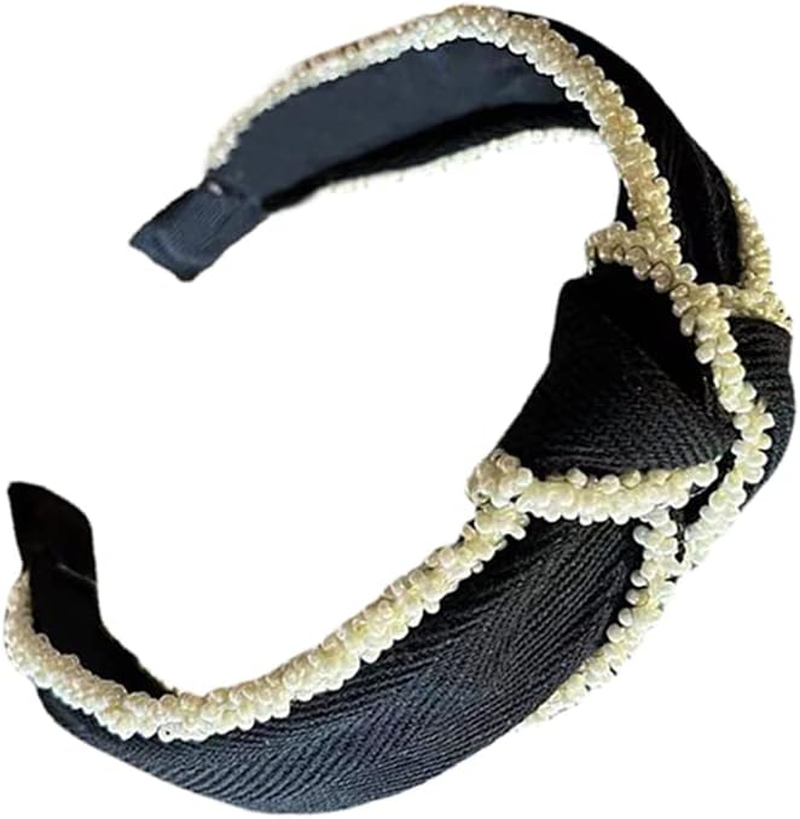 Boho Bow Tie Knotted Fabric Headbands Knotted Hair Bands Elastic Fabric Headgear Vintage Flower Headband Turban Headband for Women (Beadde) 2 Pieces