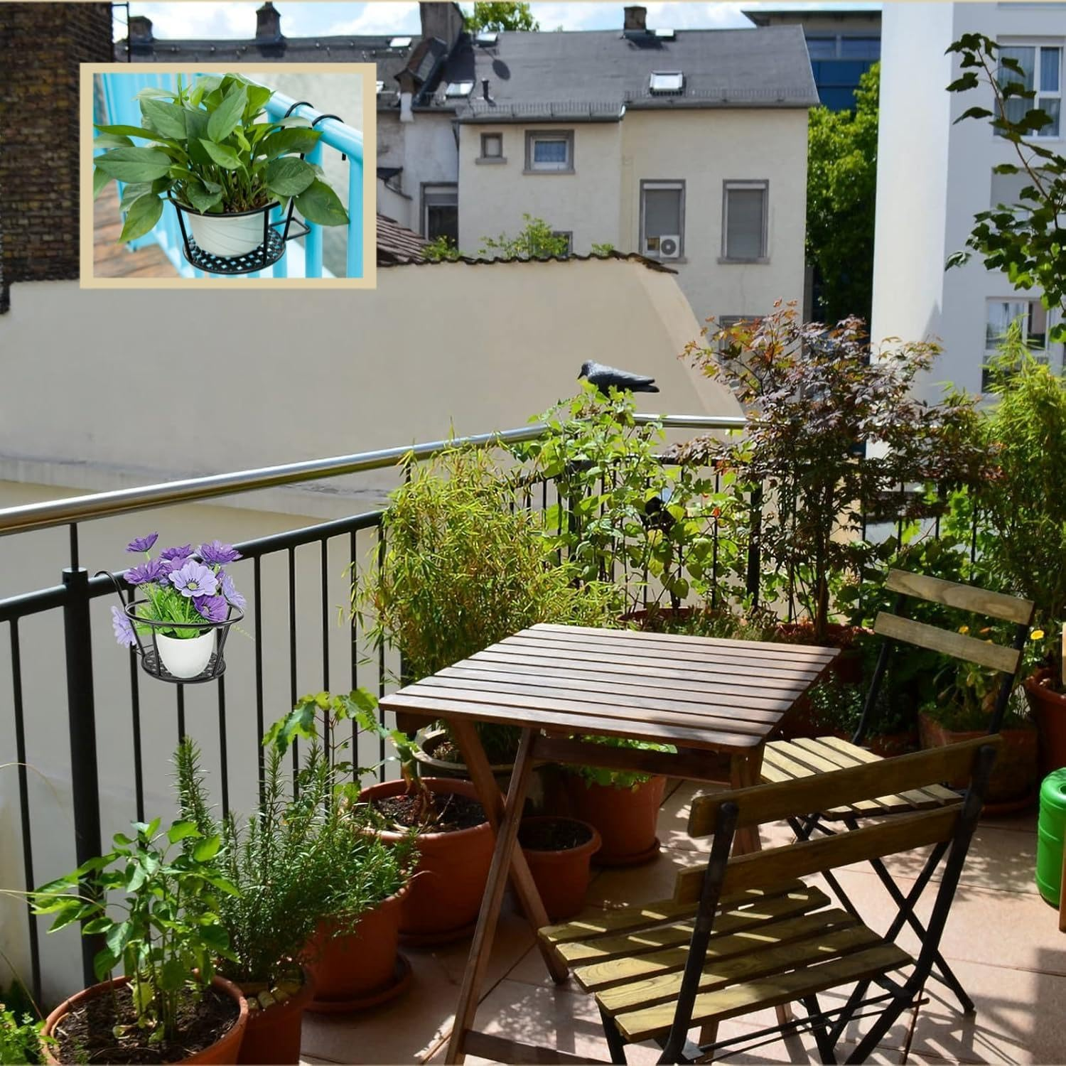 Taicols 4 Pcs Iron Metal Railing Flower Pot, Balcony Iron Plant Stand Railing Hanging Planter Holder for Fence Planters & Hanging Plants,Durable Steel Structure & Decorative Design, Indoor & Outdoor image number 3