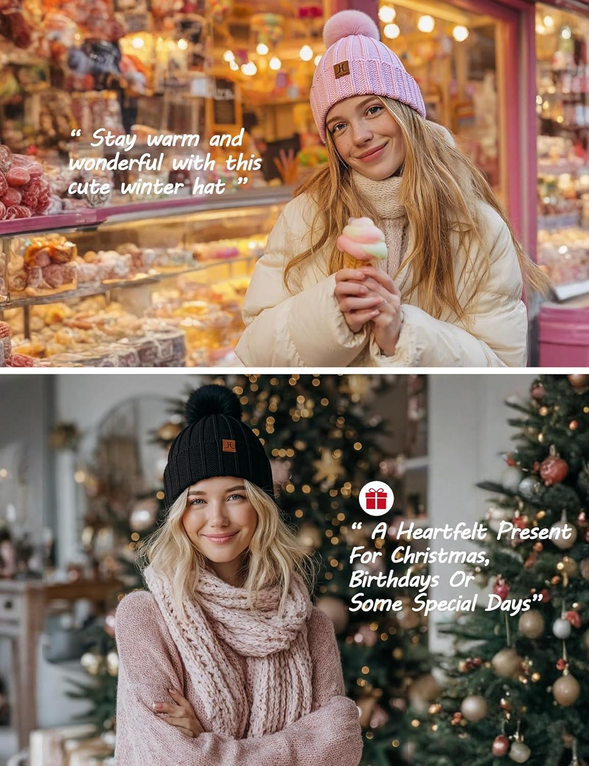 Womens Winter Hat with Pom Pom, Knit Fleece Beanie Hats for Women Cold Weather, Warm Toboggans Cap - Black image number 6