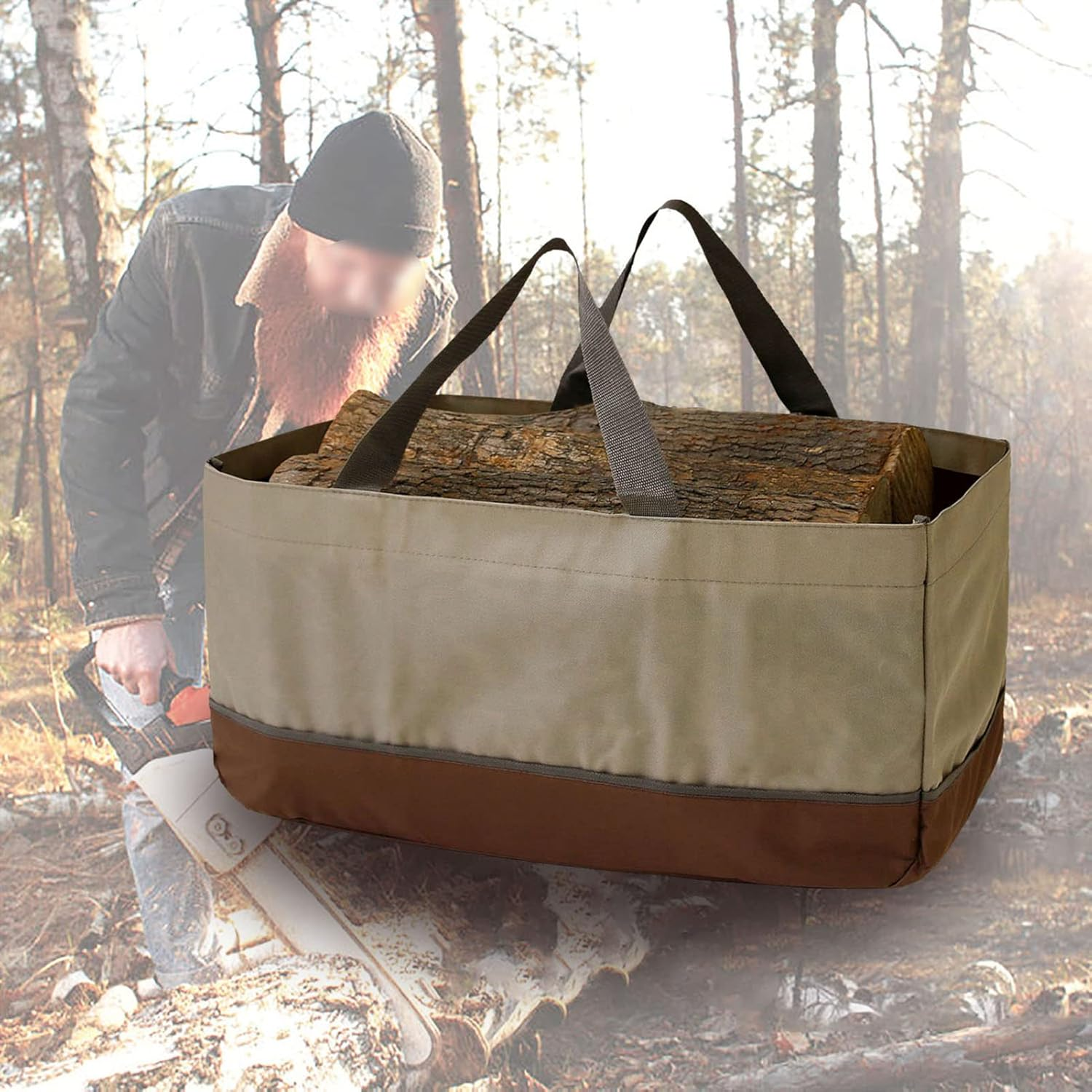Firewood Log Carrier Large Firewood Bag Wax Canvas Log Carrier Tote High Capacity Durable Fire Wood Holder Bag Fireplace Accessories image number 1