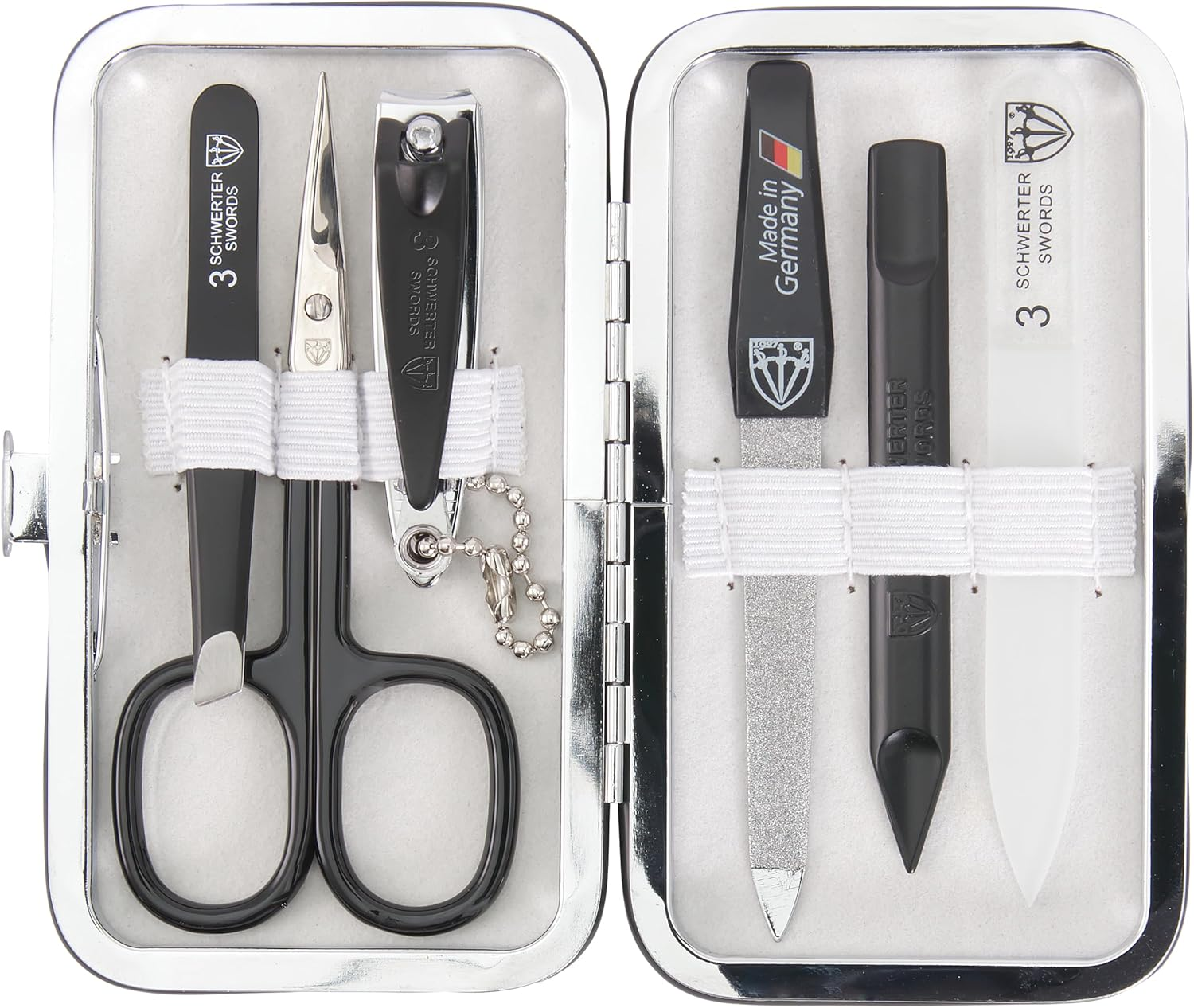 3 Swords Germany - Brand Quality 6 Piece Manicure Pedicure Grooming Kit Set - Scissors, Metal and Glass Nail File, Clipper, Tweezers with Synthetic Leather Case - White/Black Tools