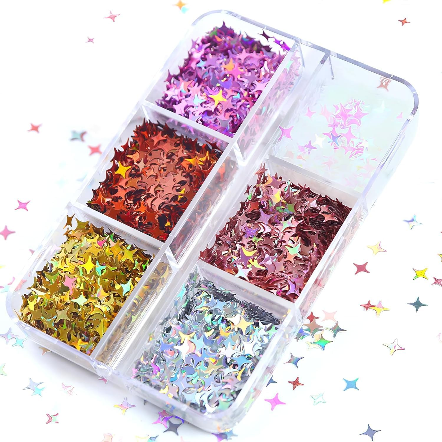 6 Grid Holographic Star Nail Glitter Set,3D Five-Pointed Star Sequins,Flakes for Nail Art, Independence Day Decor, DIY Crafts Holographic Sparkle Nail Decals for Women Girls Manicure Supplies image number 1