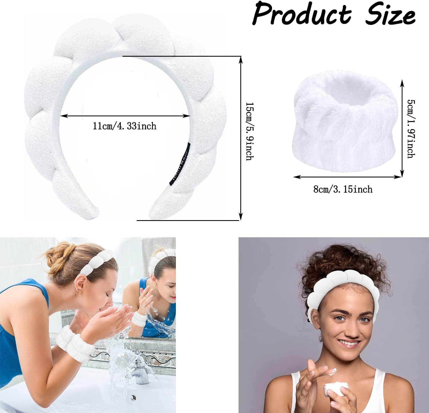 Taicols Pack of 3 Spa Face Headband Wrist, Wrist Wash Bands Set, Soft Skin Care Hair Band, Elastic Wrist Sweatband, Fluffy Cosmetic Headband for Women Girls (White)