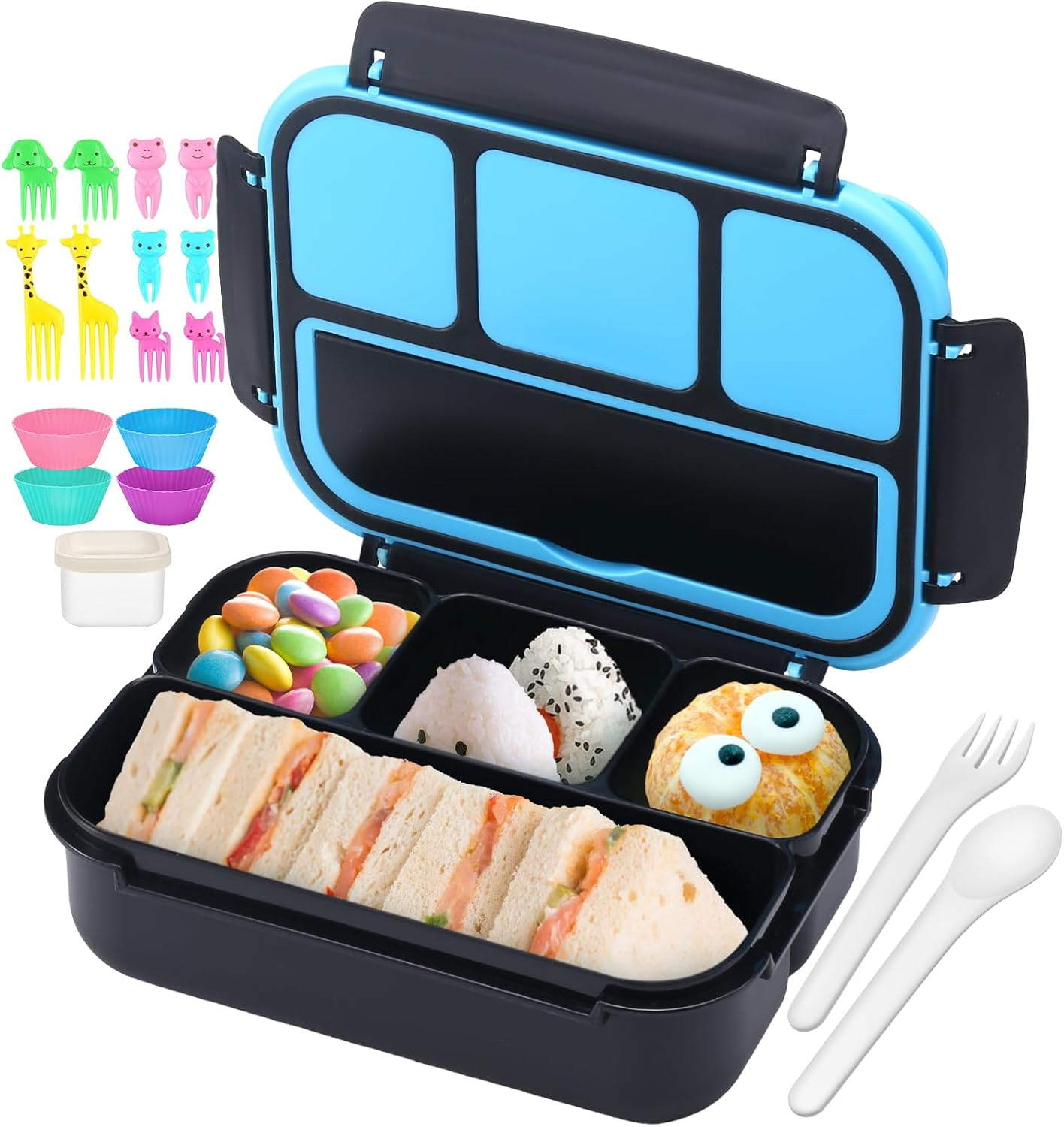QQKO Bento Lunch Box with 4 Compartments, Sauce Container, Utensils, Food Picks and Muffin Cups for School - Purple