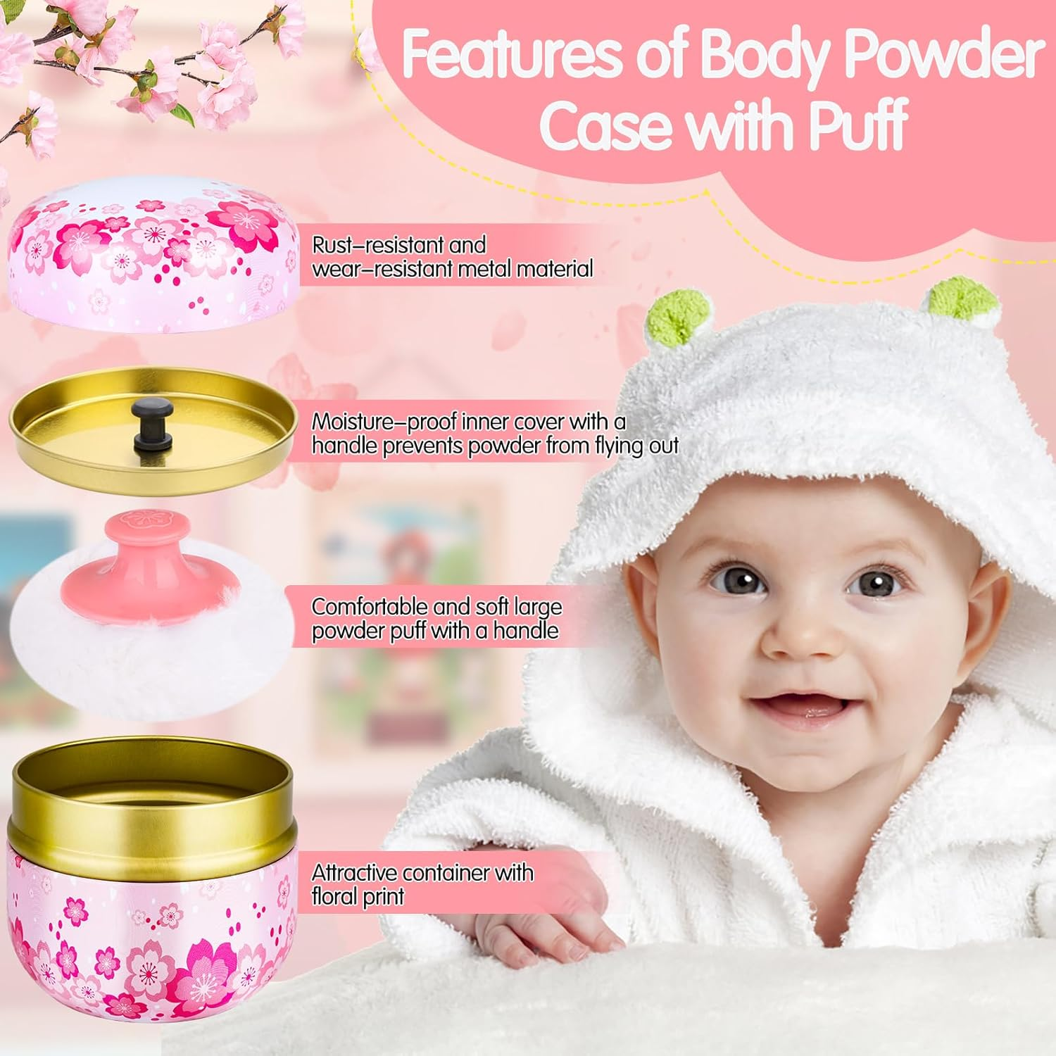 3 Pieces Body Powder Puff and Container, Baby Powder Container Floral Pattern with Large Fluffy Plush Puff Spoon, Baby Woman Loose Dusting Powder Tea Box for Home & Travel Use (Pink, Blue and Yellow) image number 4