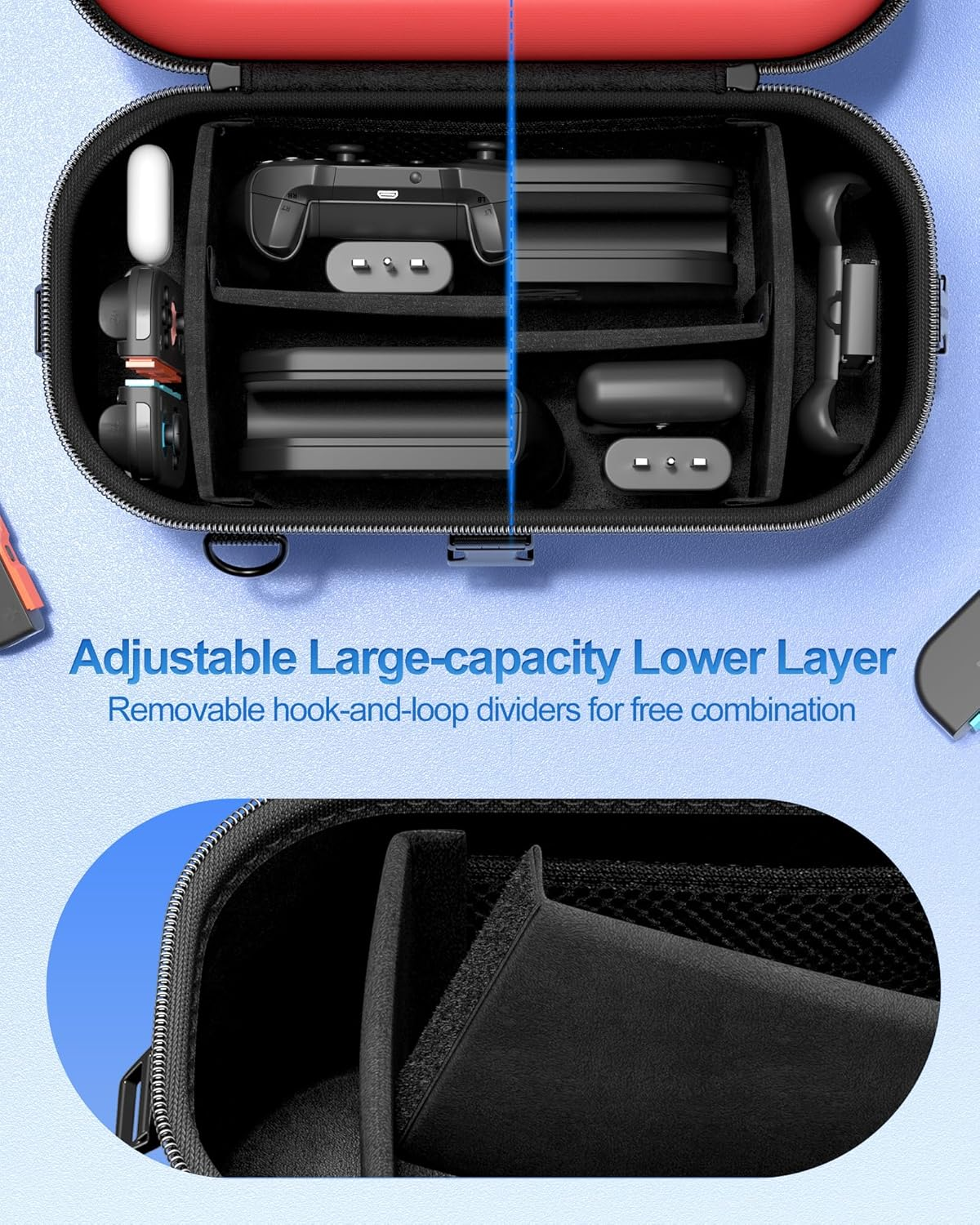 Procase 2-In-1 Carrying Case for Nintendo Switch 2 2025, Portable Hard Travel Bag with Detachable Layers, All in One Storage Box for Switch 2 Dock Console Controller Adapter and Accessories -Red&Blue - Black image number 2