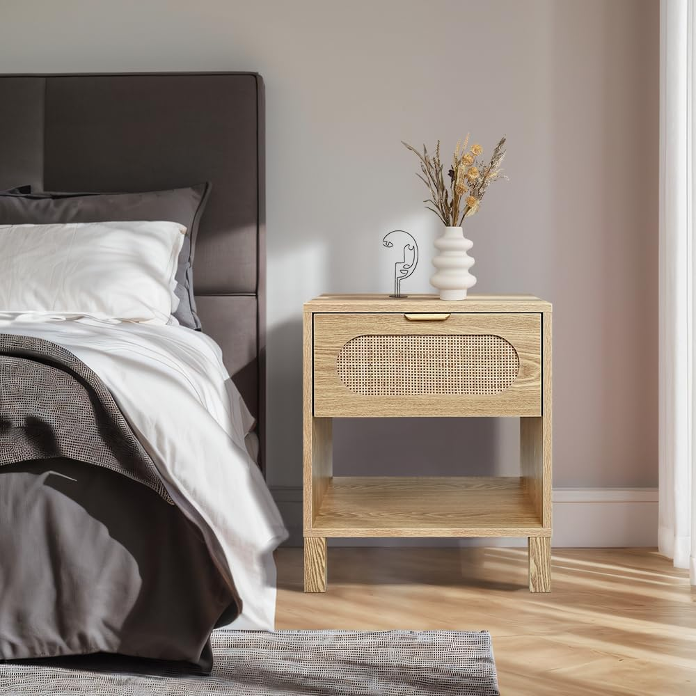Furb Bedside Table with Storage Drawer Rattan Side End Table Small Narrow Nightstand for Living Room Bedroom Furniture, 43X38X52Cm
