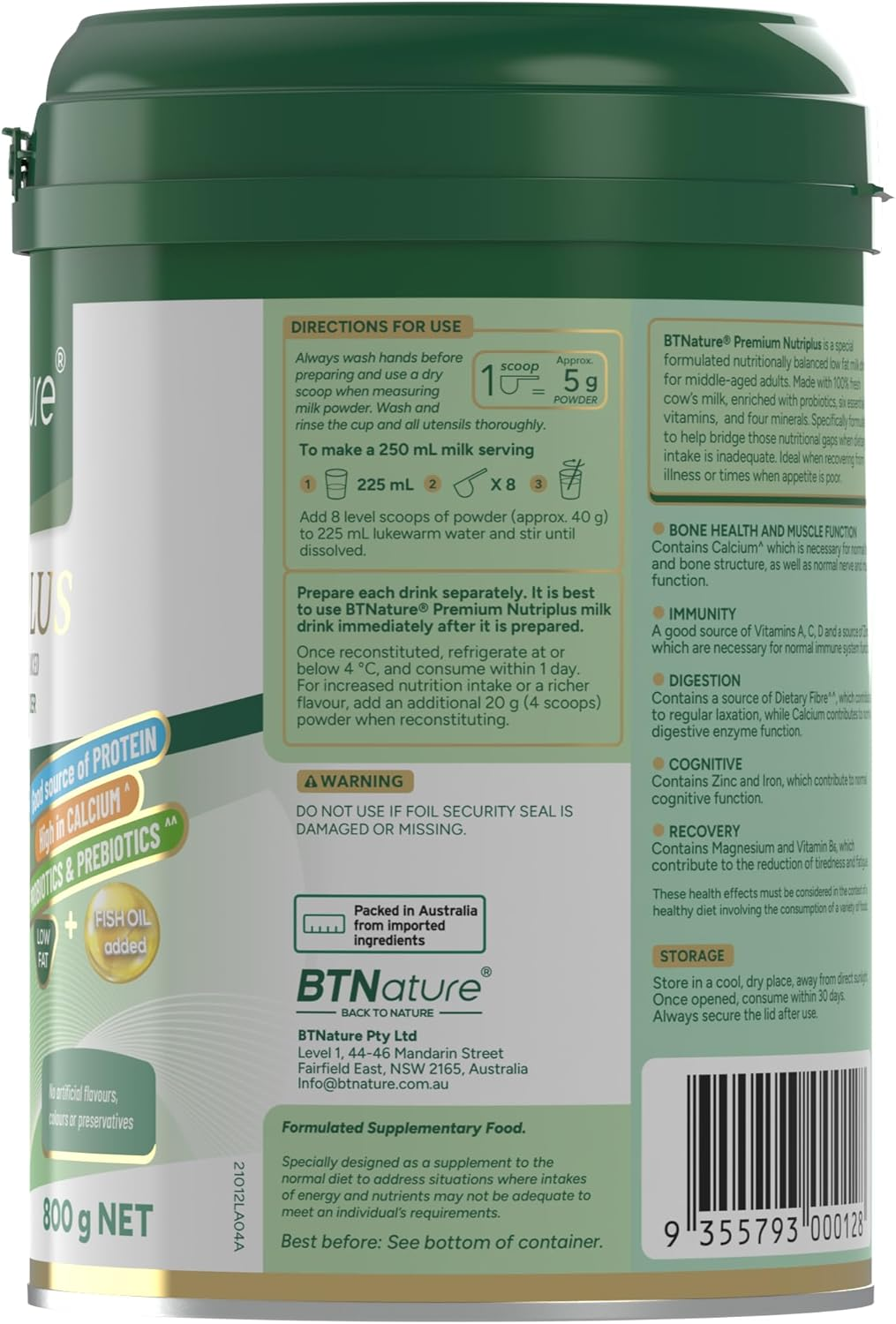 Btnature Premium Nutriplus Nutritionally Balanced Skim Milk Powder - 800G image number 2