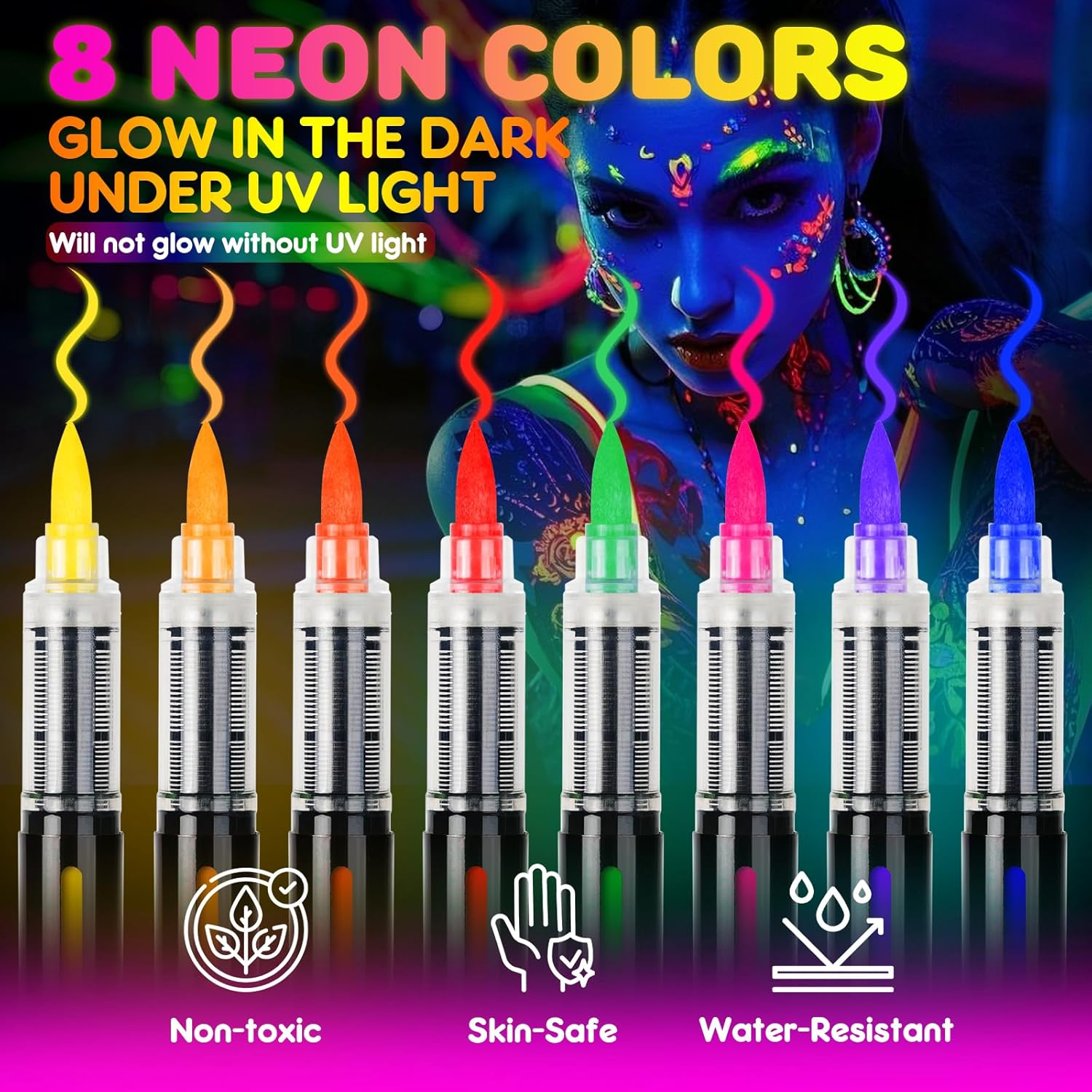 Theast 8 UV Neon Face Paint Pens, Glow in the Dark under UV Light Body Painting Kit, Tatto Markers for Skin Washable, Face Makeup for Party Favors image number 3