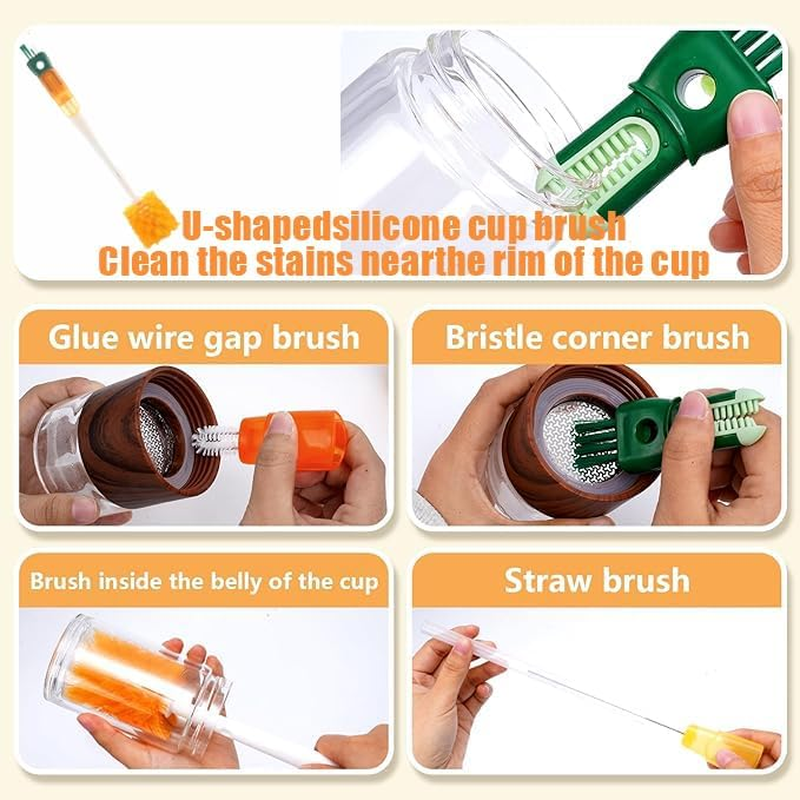 WEZCHUGHAOL 5-In-1 Water Bottle Cleaning Brush Set, Detachable Straw Cleaner, Cup Lid Gap Brush Kit (White-Orange) - White-Green image number 4
