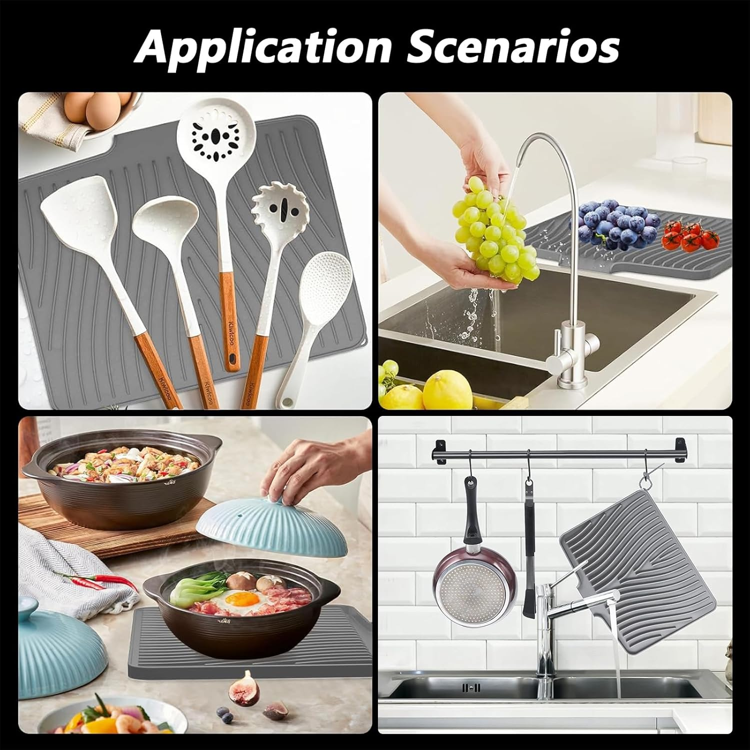 Silicone Dish Drying Mat,Foldable Sloped Silicone Draining Mat with Drain Lip for Kitchen Counter,Multifunctional Non-Slip Drain Pad,Heat-Proof Sturdy Compact Easy to Clean Tray(Grey) image number 5