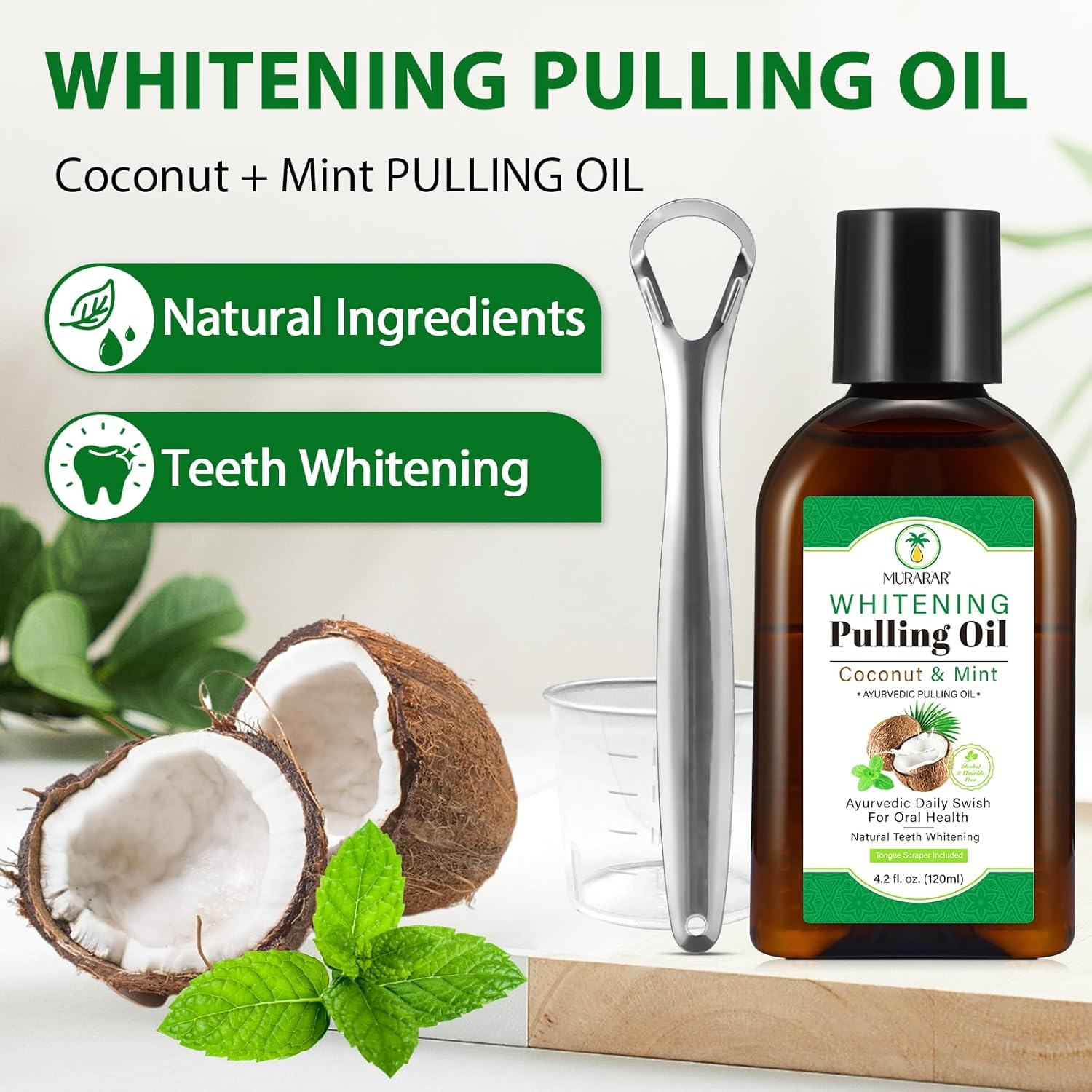 Pulling Oil Mouthwash for Natural Teeth Whitening, Coconut & Mint Pulling Oil, Daily Swish for Oral Health, Fresh Breath, Tongue Scraper Included, Alcohol & Fluoride Free, 4.2 Fl. 0Z. (120Ml)