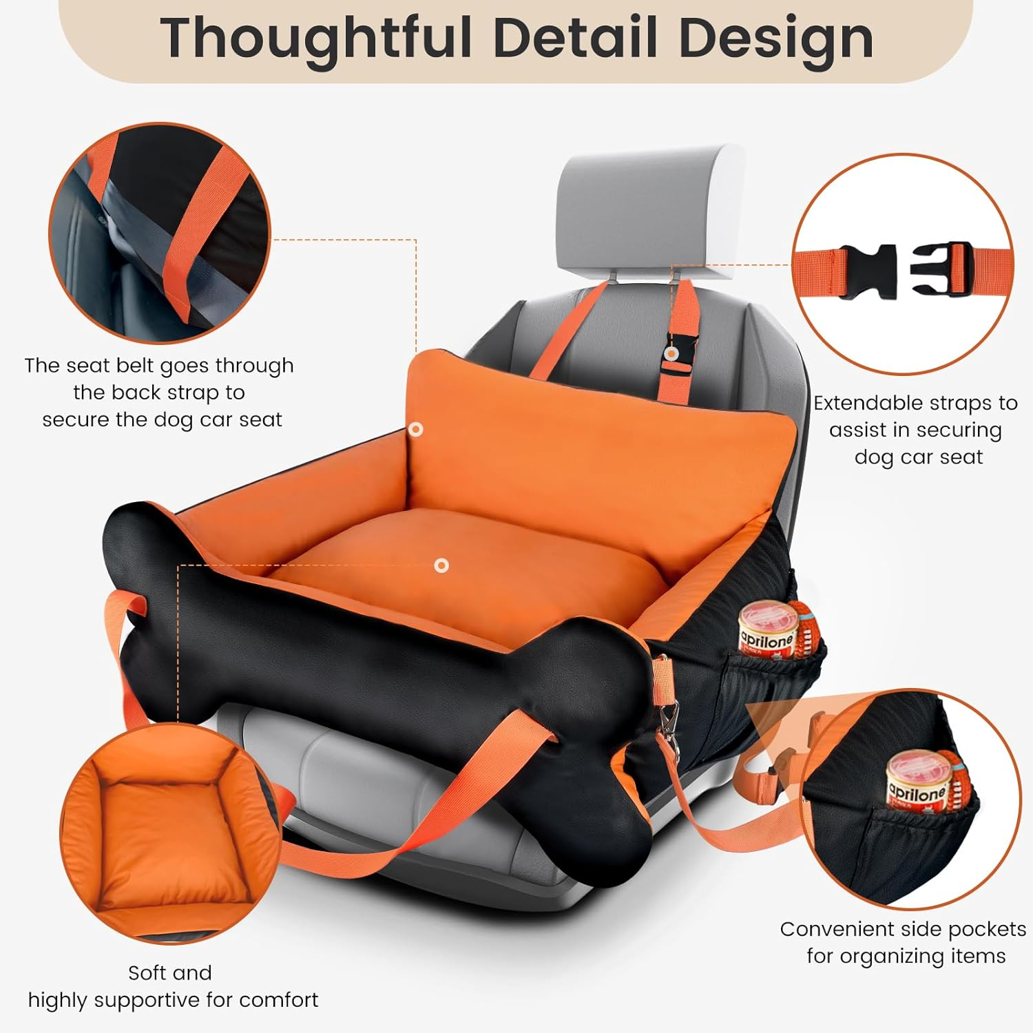 29.5"X19.7"X9.8" Dog Car Seat for Middle Dogs & Cats with Leash, Water-Resistant Faux Leather Booster Car Seat with Side Pocket for Summer Travel, Dog Bed for SUV, Truck with Bone Decor