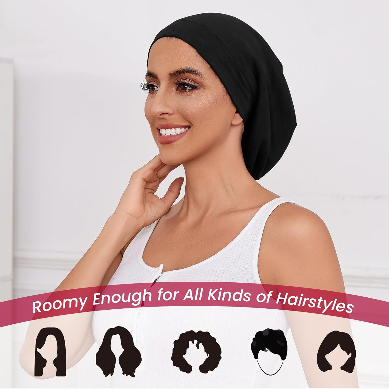 Silk Bonnet for Sleeping Women, Adjustable Silky Satin Lined Sleep Cap, Silk Hair Wrap for Sleep Night Cap, Black&Black, One Size image number 2