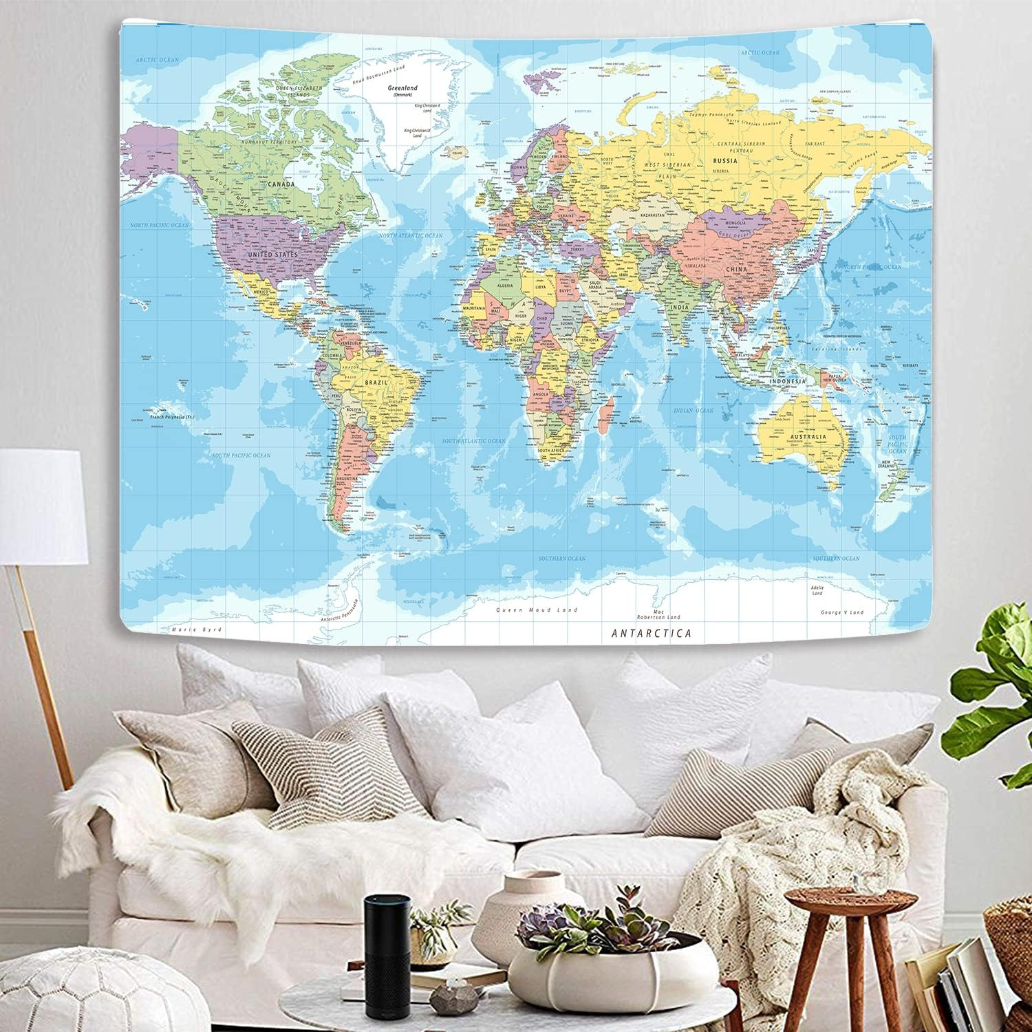 TOMOZ World Map Tapestry Wall Hanging for Kids Student, World Map with Countries and Major Cities Tapestry Educational Tapestry for Bedroom Living Room Dorm Home Decoration 80 X 60Inch