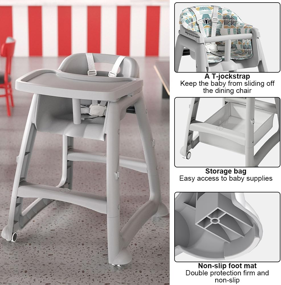 MTSDM New Multifunctional High Chair, Convertible Dining Chair with 4 Wheels, Double Dinner Plate, Storage Bag, Removable Cushion & 5 Point Harness Portable Baby Feeding Dining Chair(Grey) image number 6