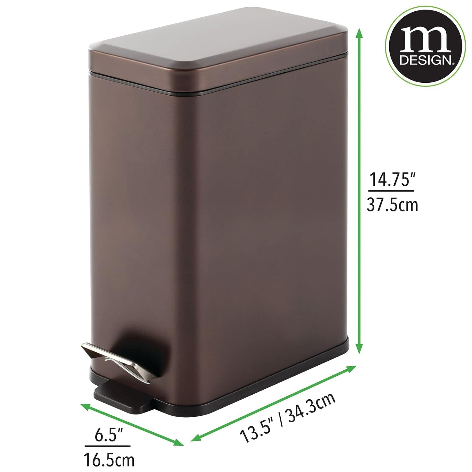 Mdesign Slim Metal Rectangle 2.6 Gallon Trash Can with Step Pedal, Easy-Close Lid, Removable Liner - Narrow Wastebasket Garbage Container Bin for Bathroom, Bedroom, Kitchen, Office - Bronze image number 5