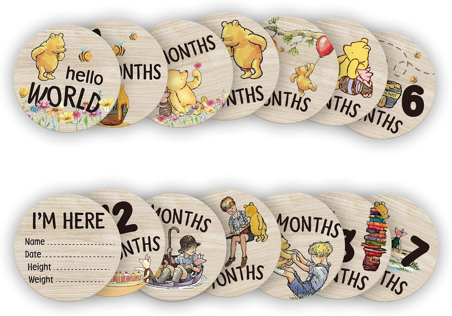 The Winnie Baby Bear Month Milestone Circles, Wooden Discs Stuff for Baby Photo Takens with Hello World Name Signs - 7Pcs Double Sided Signs for Documenting Growth