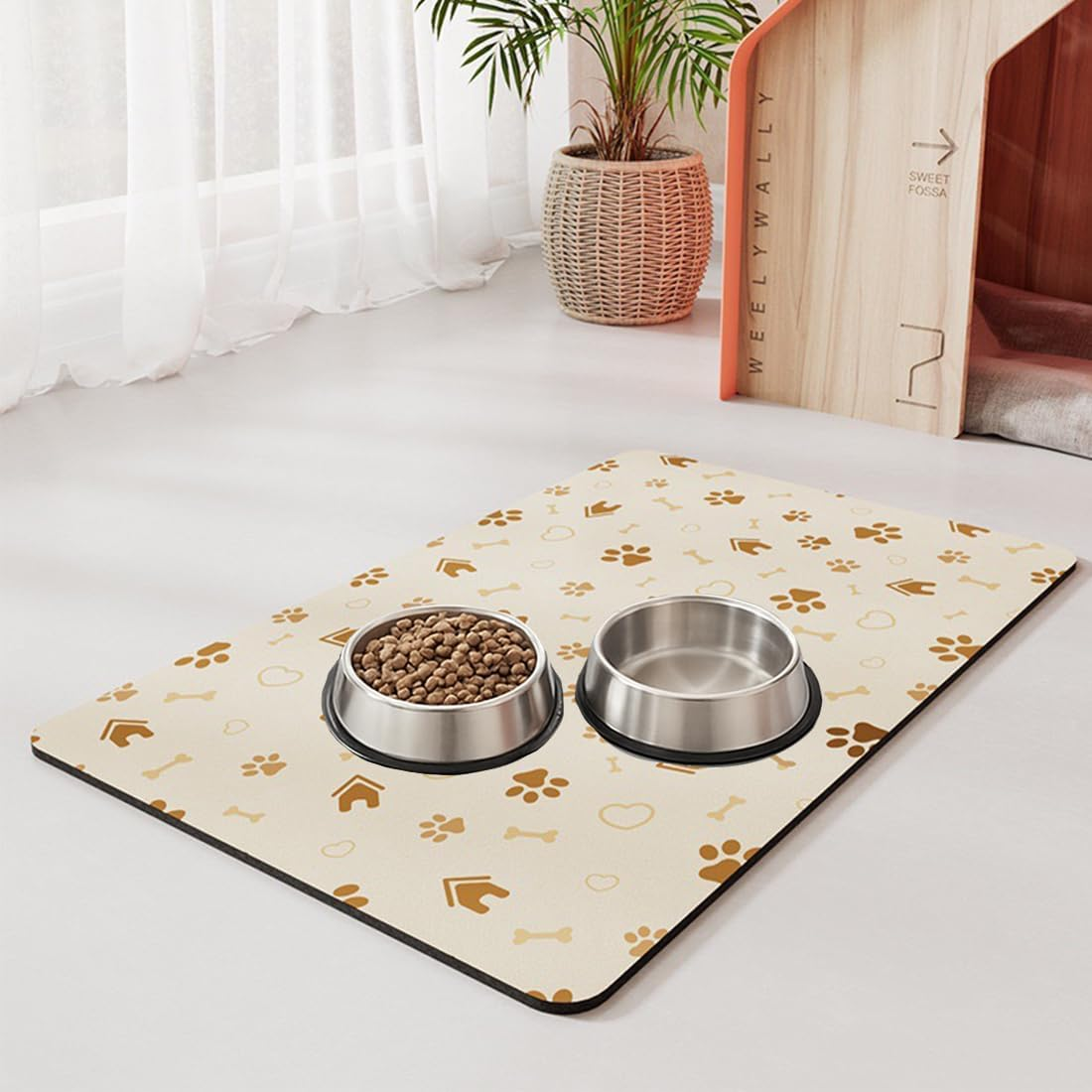 Bowl Mat Dog Non-Slip Feeding Mat Cats, Personalised Underlay Pets, Quick Drying, Easy to Clean Bowl Mat for Pets, Cats, Dogs (Cream Yellow, 30 X 40 Cm) image number 2