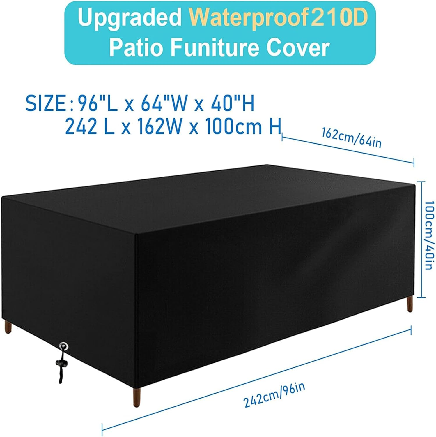Patio Furniture Cover Waterproof Durable Heavy Duty 210D Oxford Rectangular Outdoor Sectional Sofa Set Covers Wind Dust Proof Anti-Uv for Outdoor Picnic Table, Dining Furniture (242*162*100Cm) image number 3