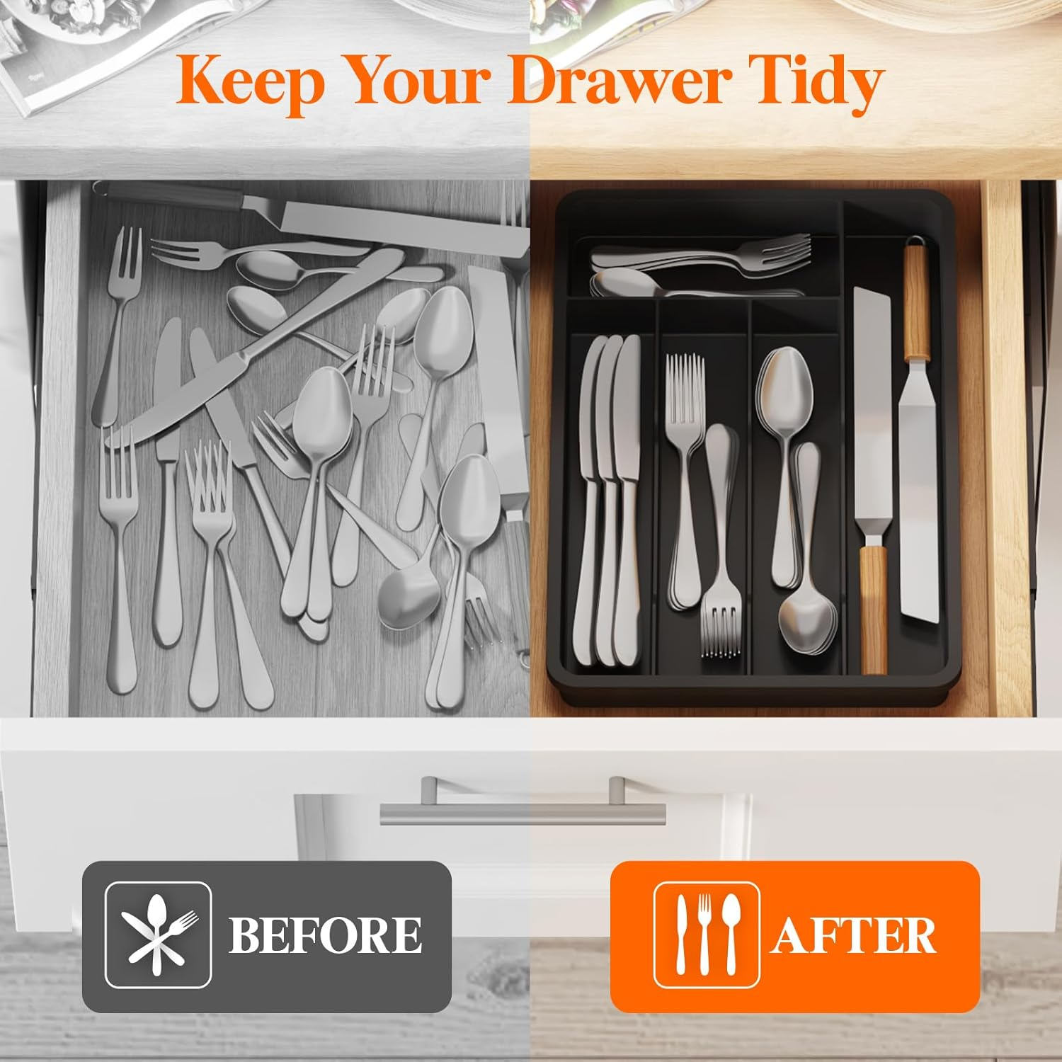 Lifewit Silverware Tray, Deep Wide Cutlery Drawer Organizer Storage for Kitchen, Plastic Flatware Utensil Holder Divider for Spoons Forks Knives Tableware, 5 Compartment, Black image number 2