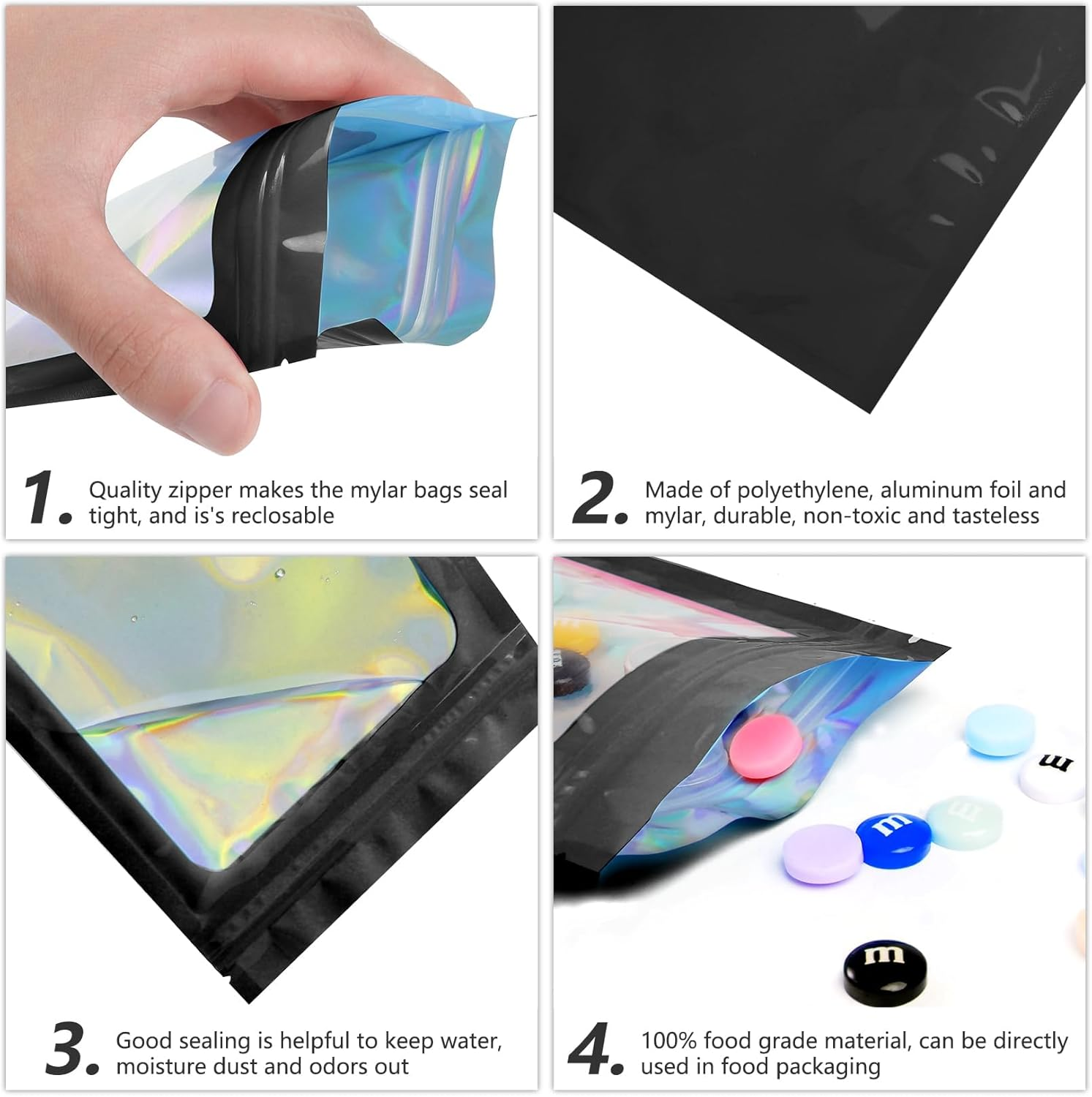 100 Pcs Black Mylar Holographic Bags Packaging Bags,Clear Resealable Bag Foil Pouch Bag for Food Storage and Lipgloss,Jewelry,Eyelash Packaging for Small Business(2.4X3.9Inch) image number 4