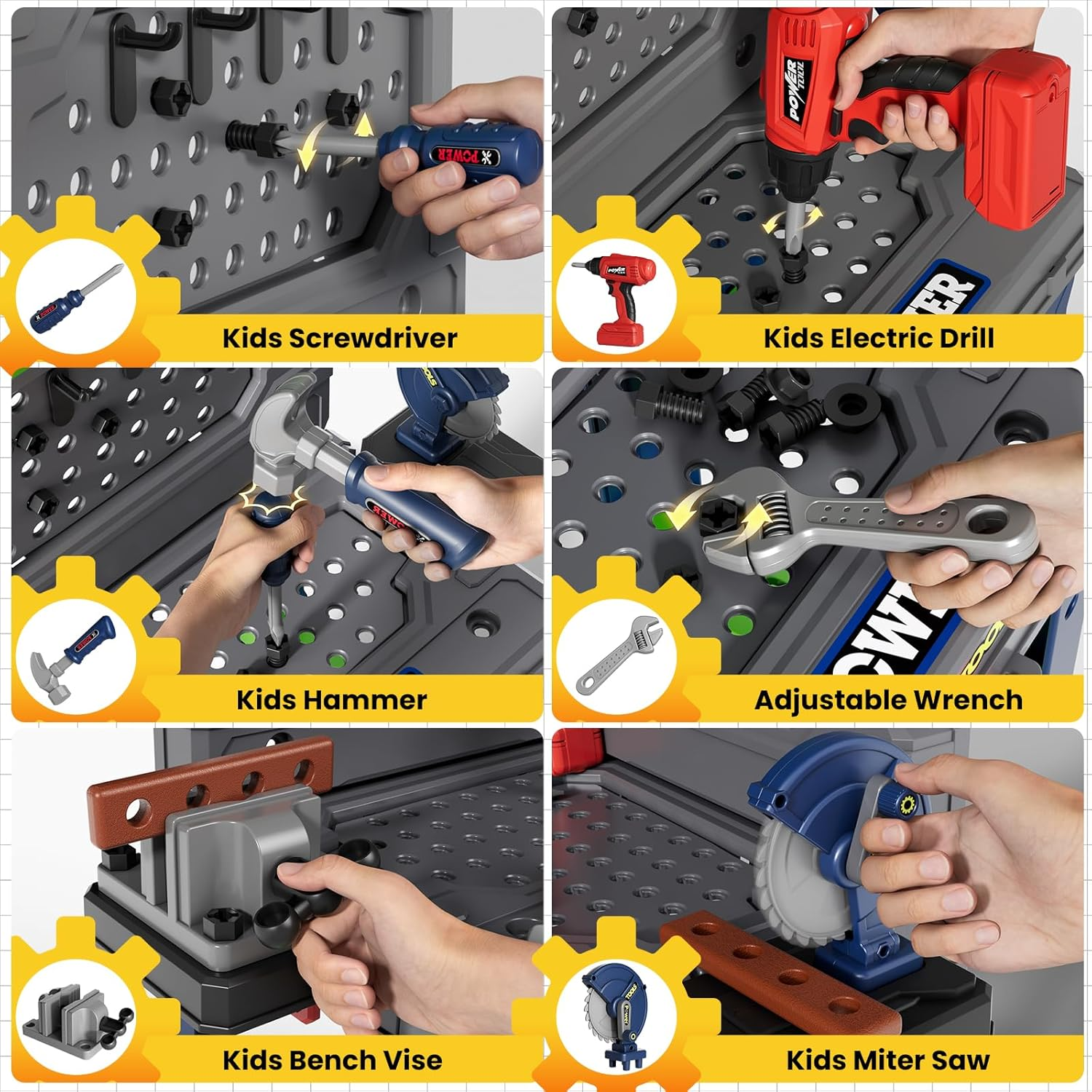 Kids Tool Bench with Realistic Tools and Electric Drill, 2-In-1 Transformable Kids Tool Set, Pretend Play Construction Workbench Toys for Toddler Boys Girls Age 3-8 image number 5