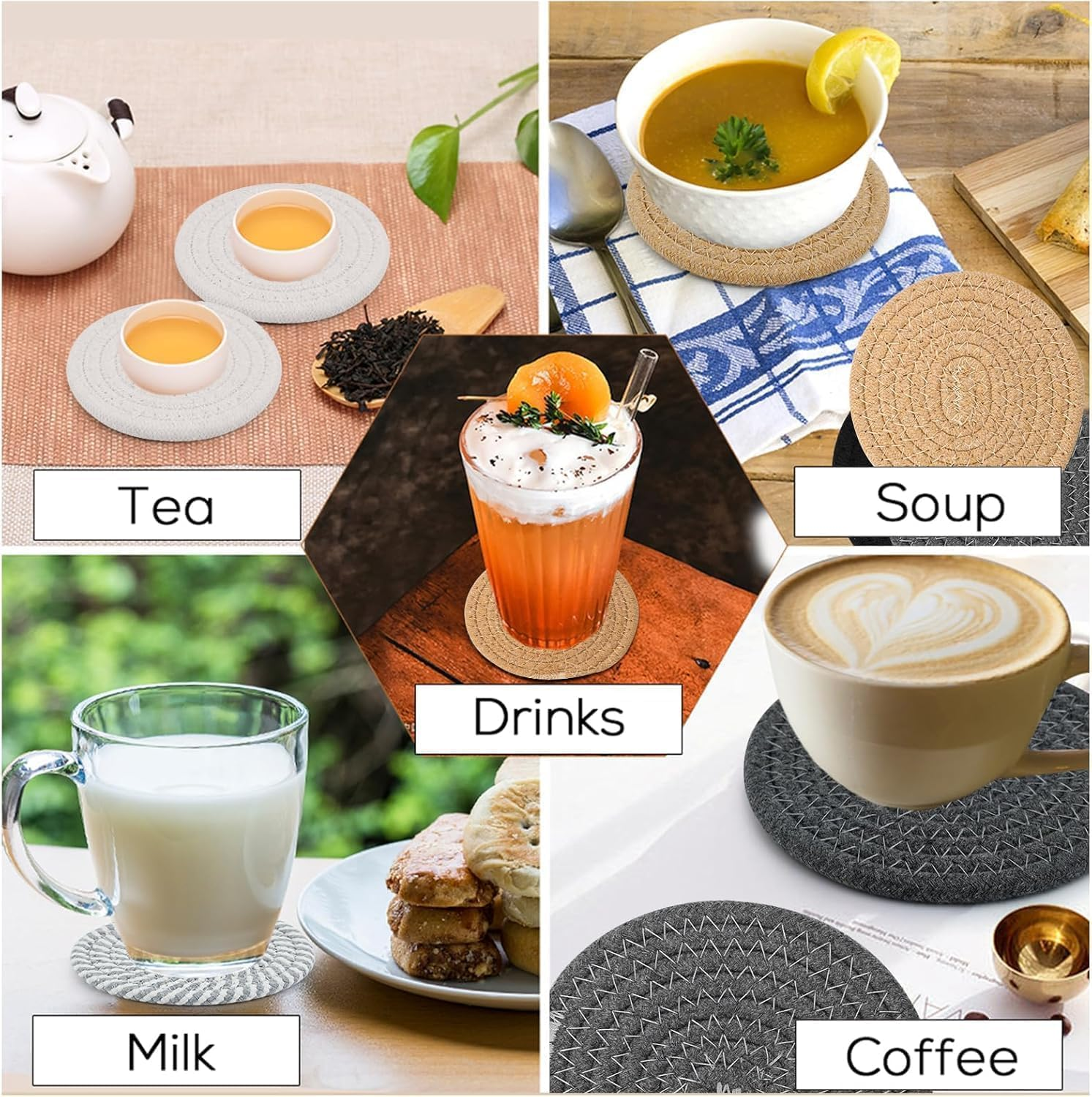 8 Pcs Drink Coasters with Holder, 4-Pack Absorbent Cotton Woven Coasters Set, 4 Colors, 4.3' Inch Non-Slip Table Protectors, Minimalist Home Decor for Cups, Mugs, & Glassware (Khaki) - Black image number 4