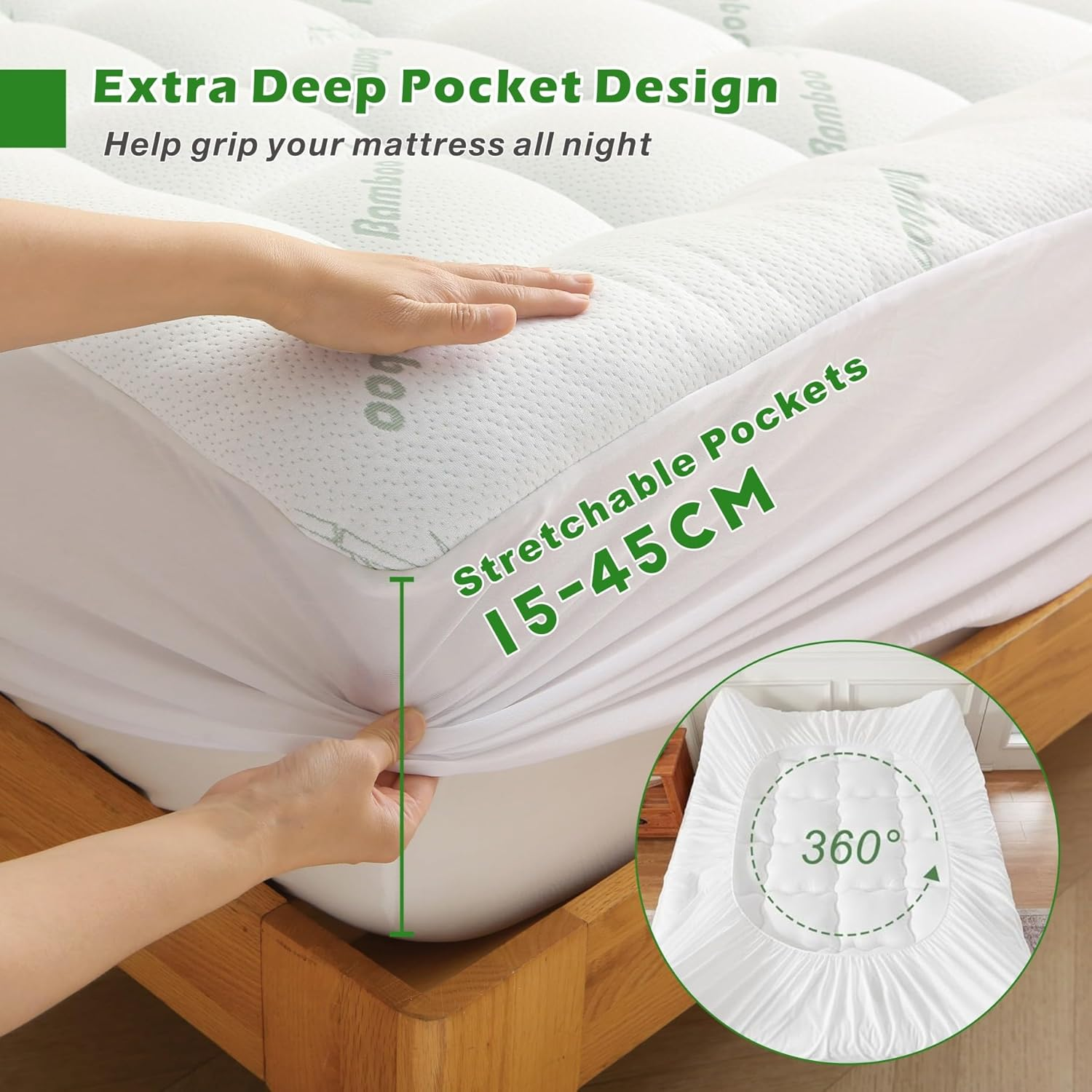 Bamboo Double Mattress Topper 1000GSM - Thick Cooling Breathable Pillow Top Mattress Pad for Back Pain Relief - Soft Fully Fitted Mattress Topper Cover with Deep Pocket up to 45CM (Double Size) image number 2