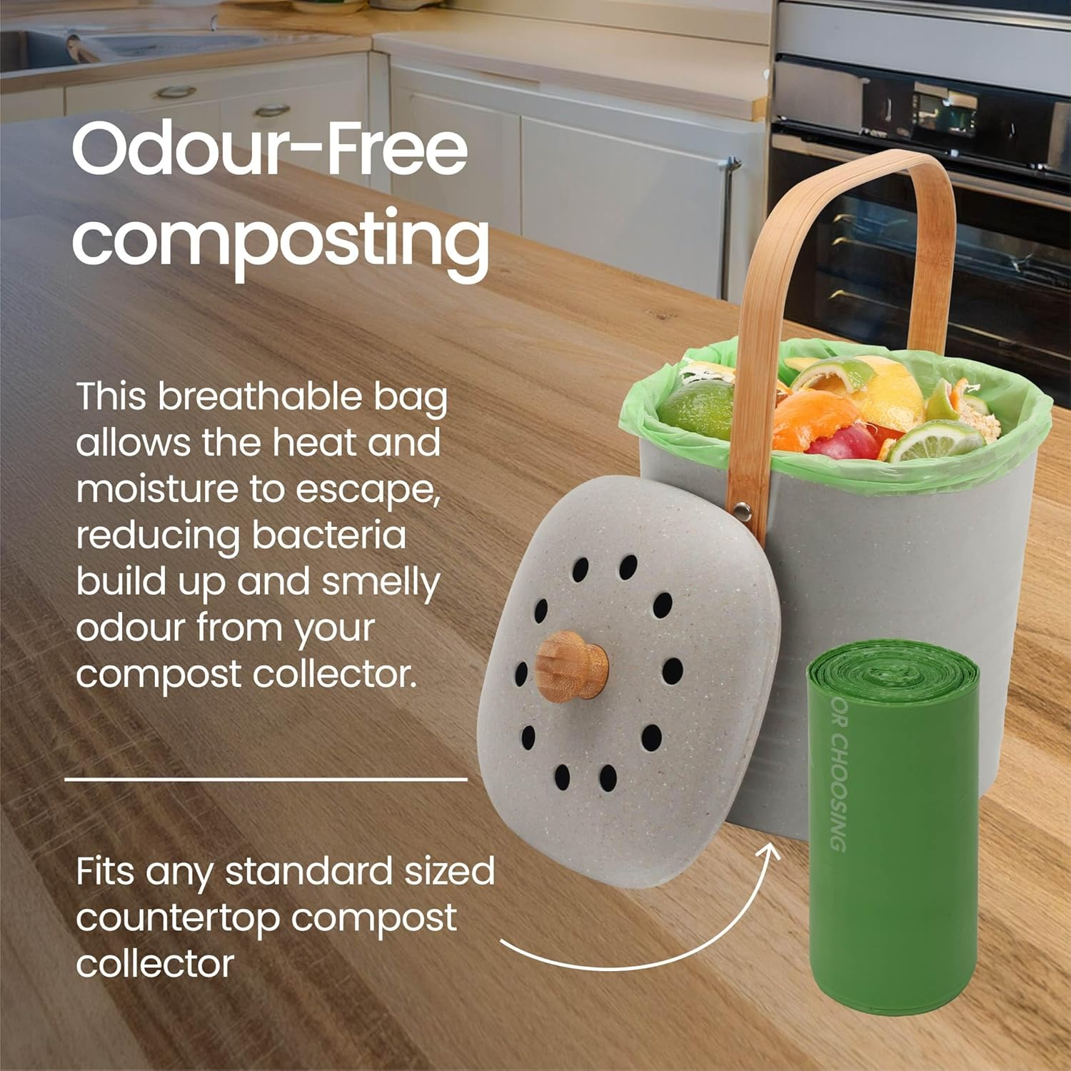 Eco Basics Compostable Kitchen Bags &ndash; 9.5L, 25 Bags (39X39Cm), Breathable Corn Starch Bags, Reduces Bacteria & Odor, Fits All Kitchen Scrap Bins