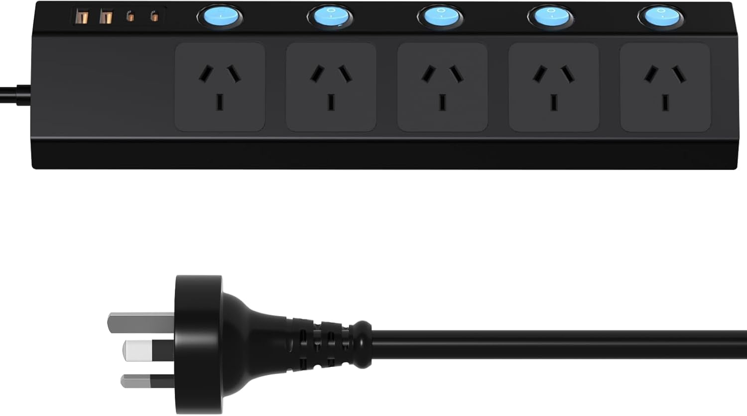 HITRENDS Power Strip with 5 AC Outlets, 1.5M Cable 2 USB a and 2 USB C Surge Protector Power Board with Switch, Ideal for Home and Office Use, Black