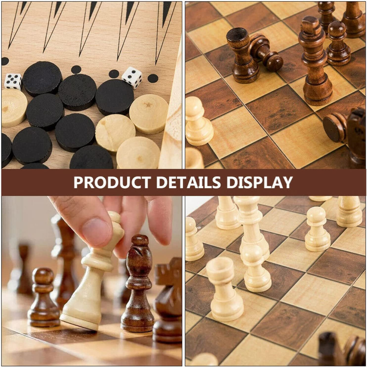 Yotsuba Wooden Chess Set, 40Cm Large Folding Chessboard Pieces Wood with Chessmen Storage Slots Unique Crafted Handmade, 3 in 1 Chess Board Game for Adults and Kids (Chess,Backgammon,Checkers)